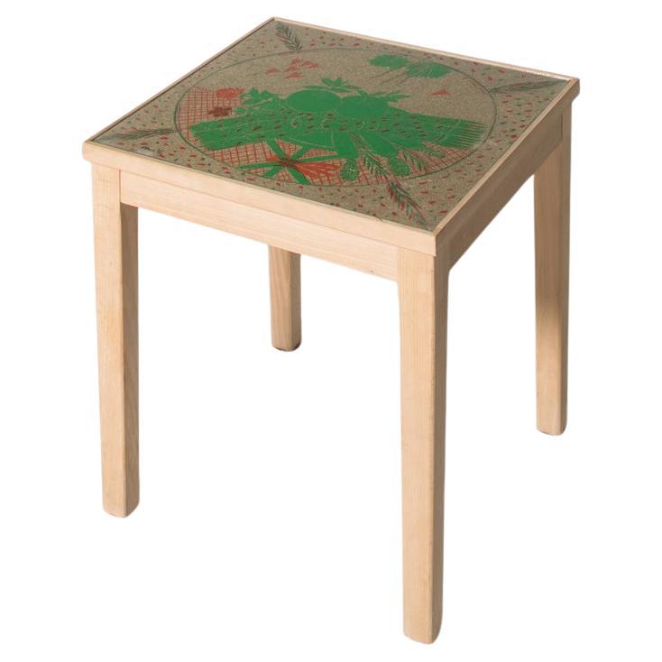 Wooden Side Table with Drawing by Alekos Fassianos For Sale