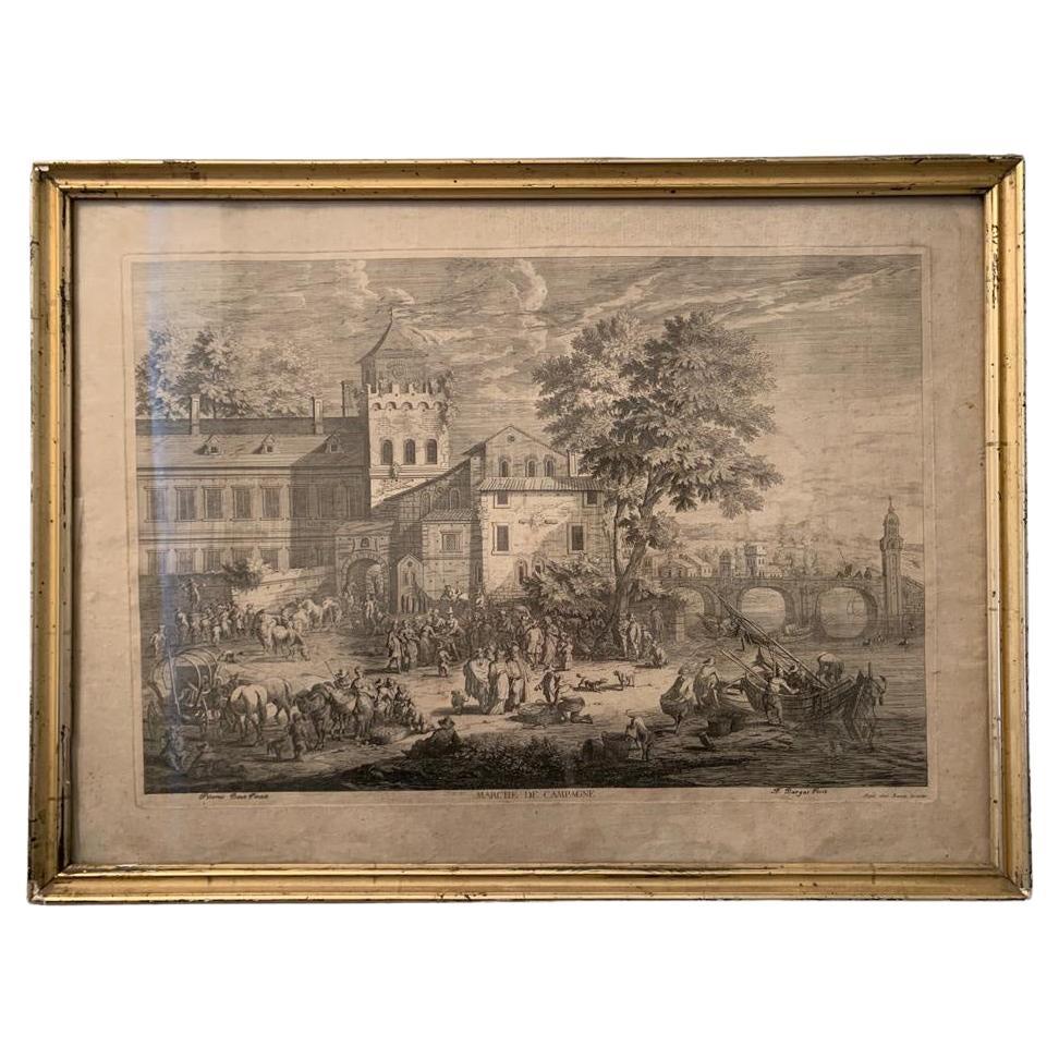 A.F BARGAS Engraving "Country Market", Circa 17th Century