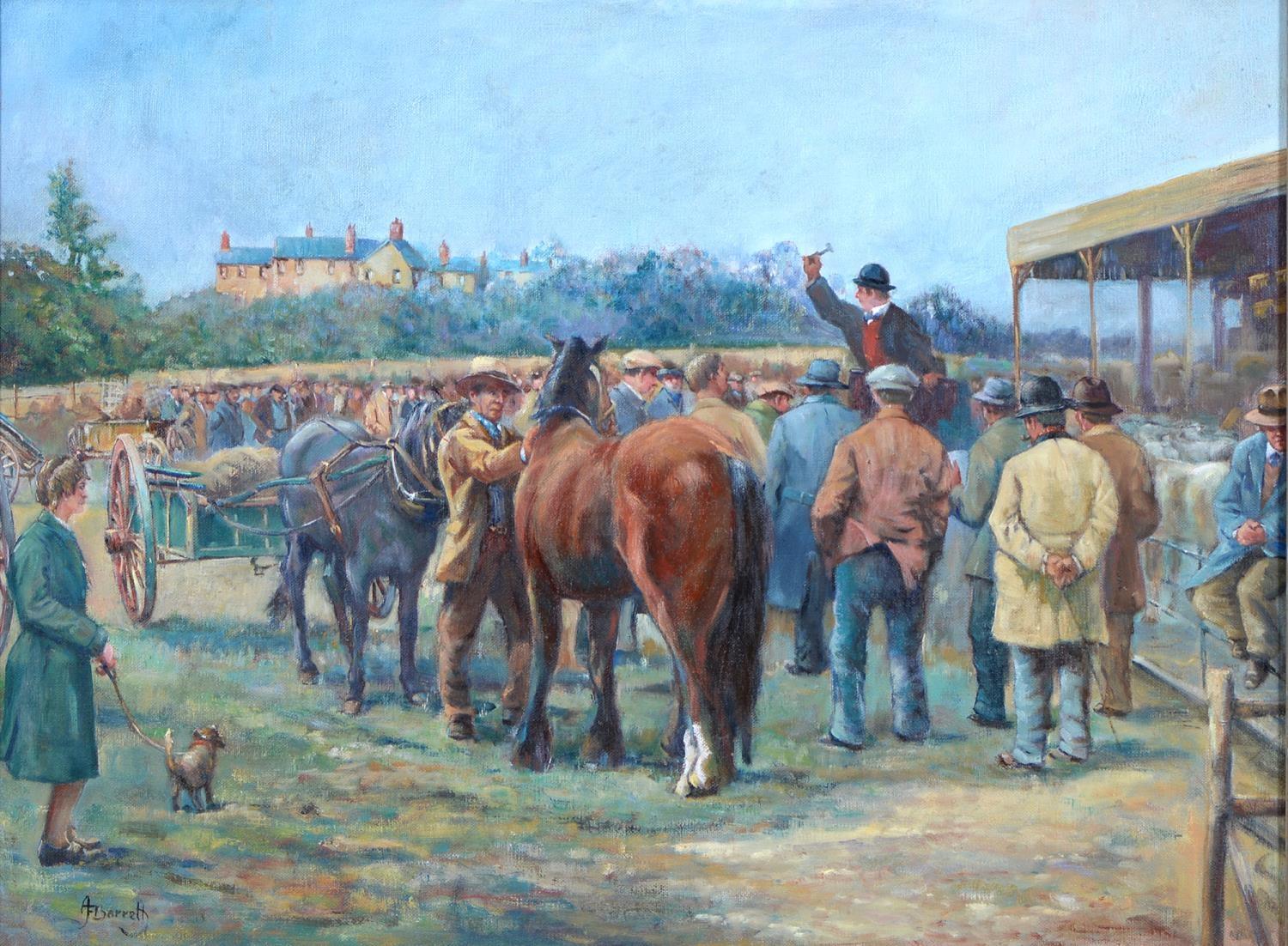 Englisches traditionelles lgemlde, The Live Stock Horse, Auktionsmarkt fr Bauern – Painting von A.F Barrett