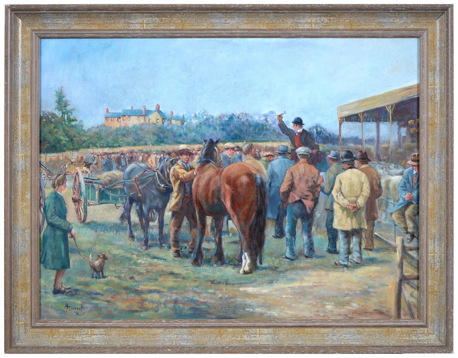 A.F Barrett Figurative Painting - English Traditional Oil Painting The Live Stock Horse Auction Farmers Market