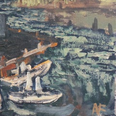 'Evening at the Harbor', Large American Post-Impressionist Oil, Marine Landscape