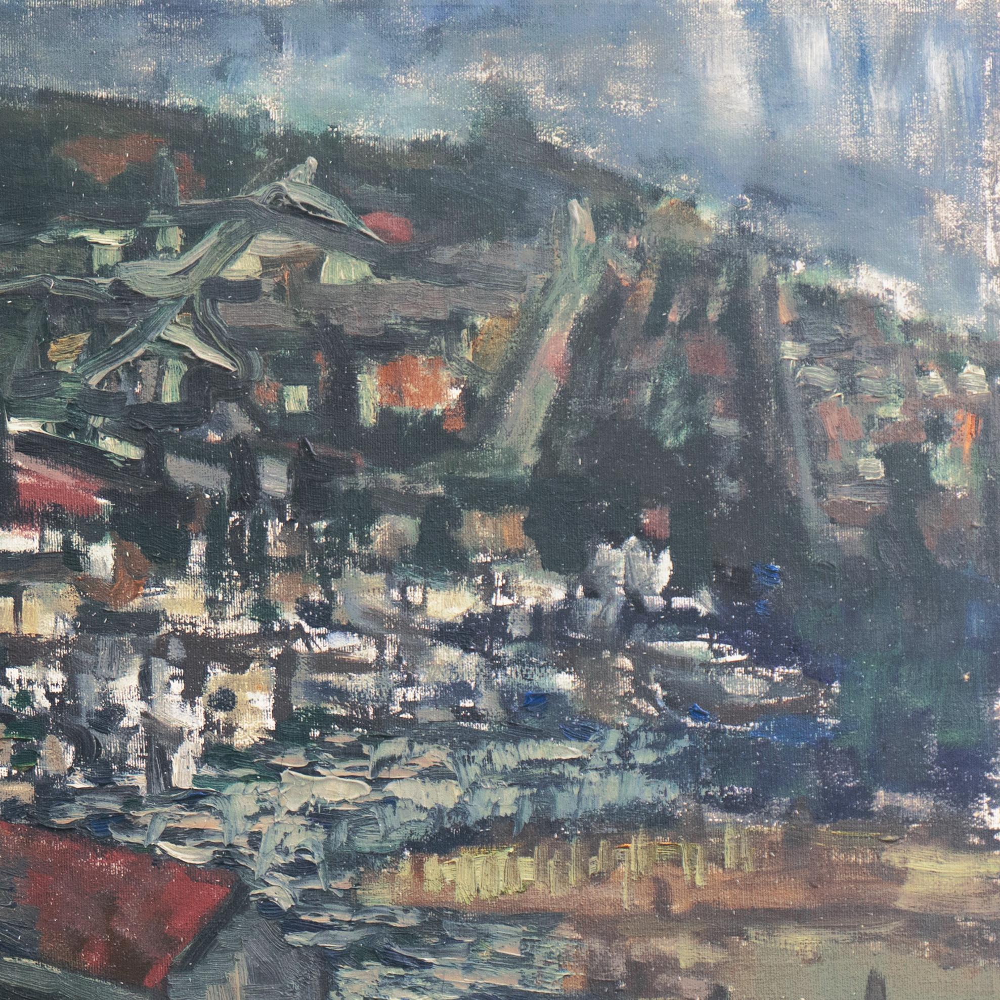 'Evening at the Harbor', Large American Post-Impressionist Oil, Marine Landscape - Expressionist Painting by A.F.