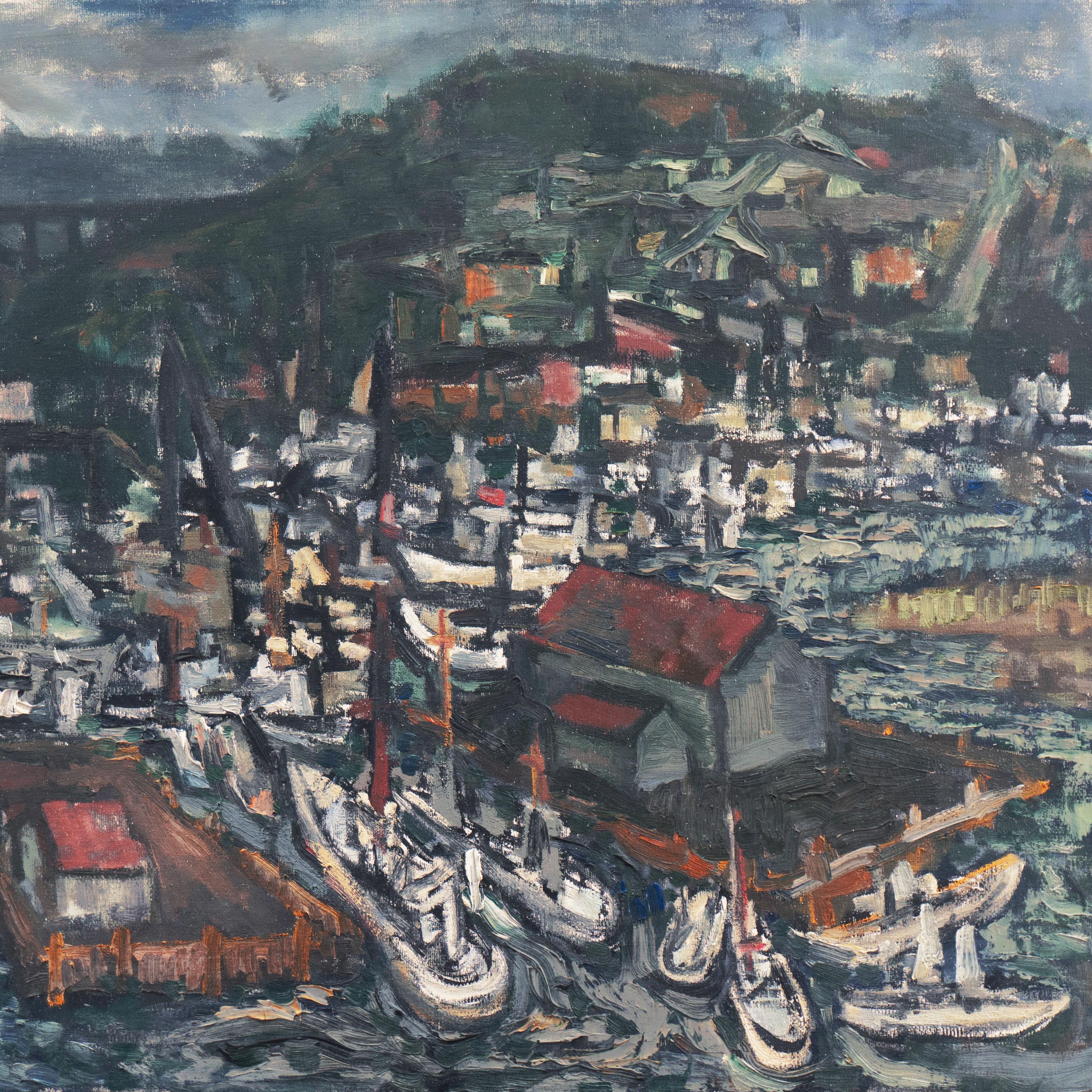 'Sera al porto', olio post-impressionista americano di grandi dimensioni, paesaggio marino - Landscape Painting Grigio di A.F.