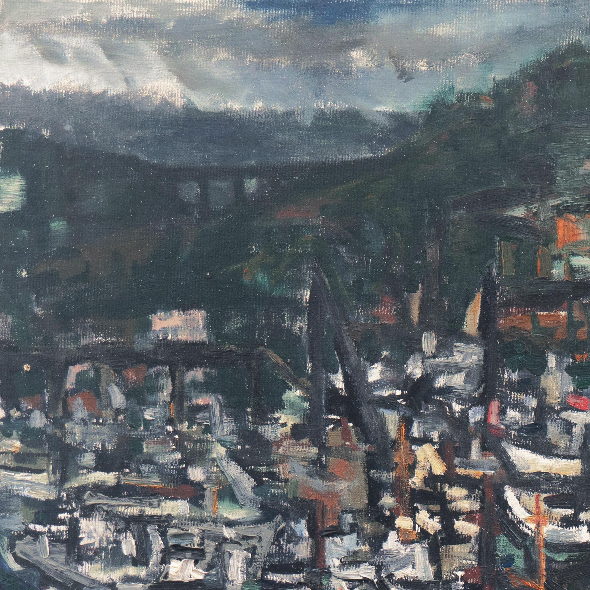 Initialed lower right, 'A.F' (American, 20th century) and painted circa 1960.

A substantial, mid-century American School oil showing a view of a busy harbor with numerous boats moored against wooden docks and a view beyond towards gently rolling,