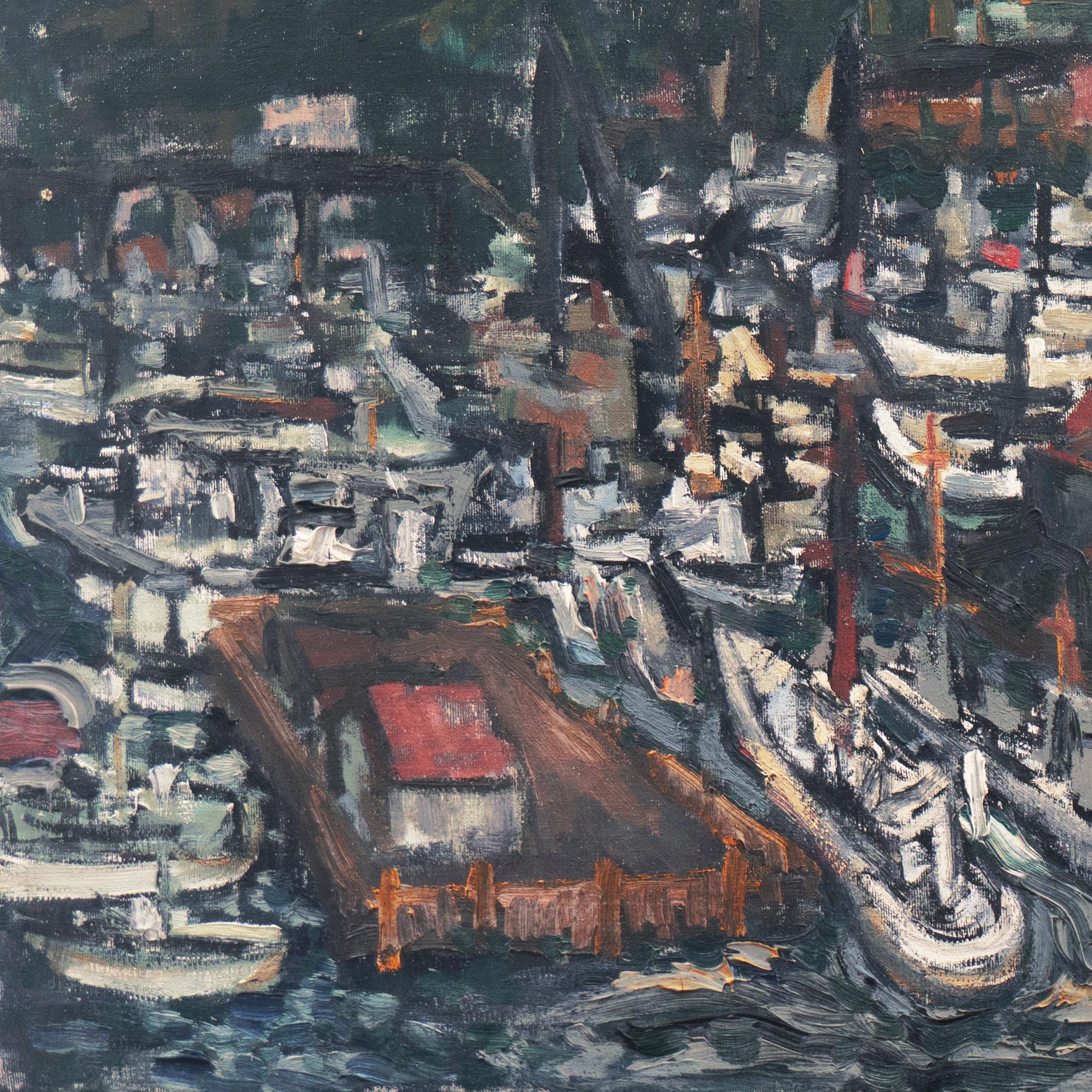 'Evening at the Harbor', Large American Post-Impressionist Oil, Marine Landscape For Sale 1