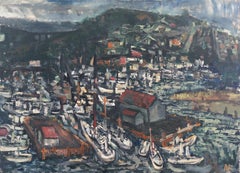 'Evening at the Harbor', Large American Post-Impressionist Oil, Marine Landscape
