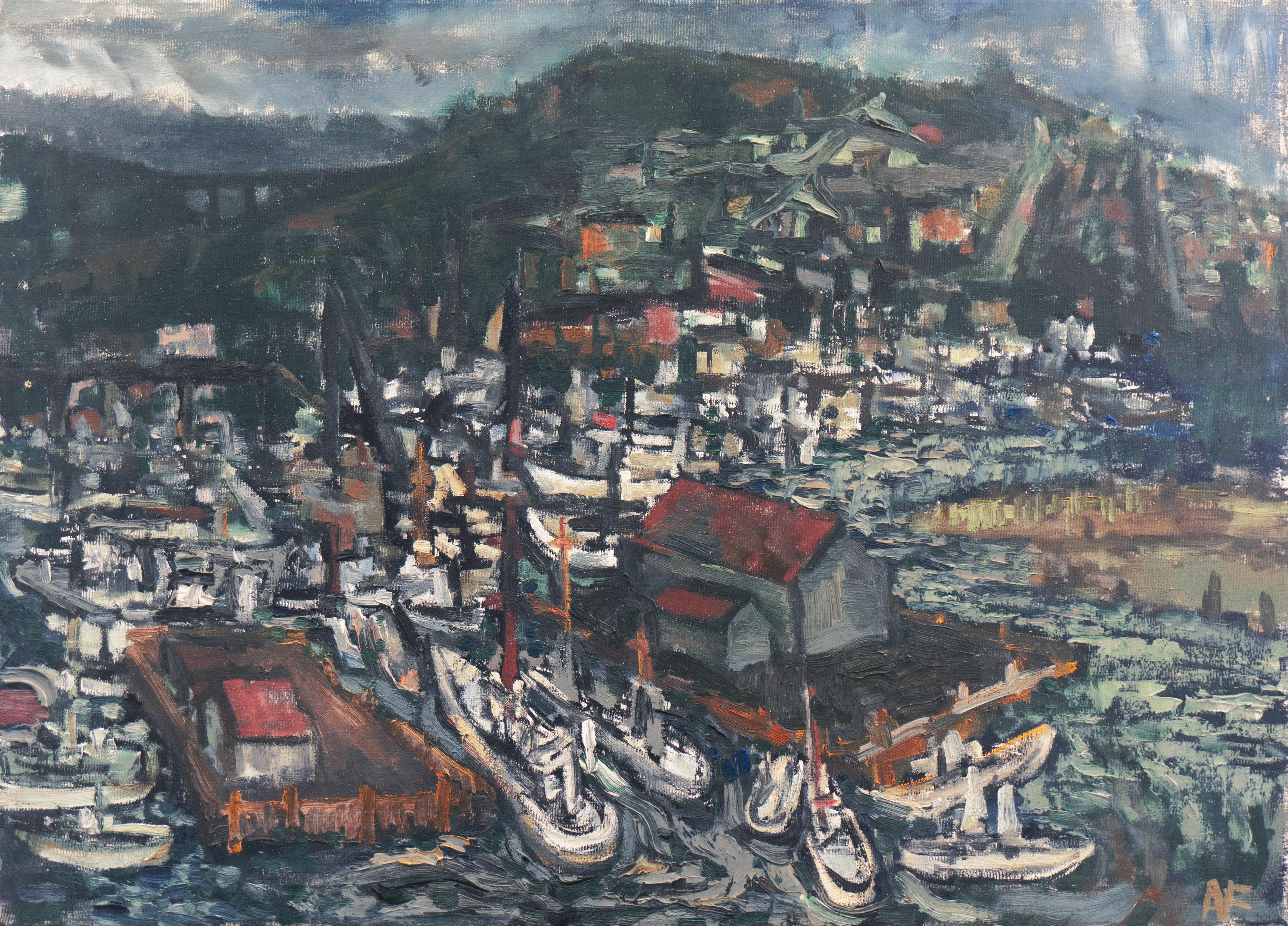 Evening at the Harbor", grande huile post-impressionniste américaine, paysage marin