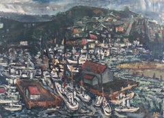 Evening at the Harbor", grande huile post-impressionniste américaine, paysage marin