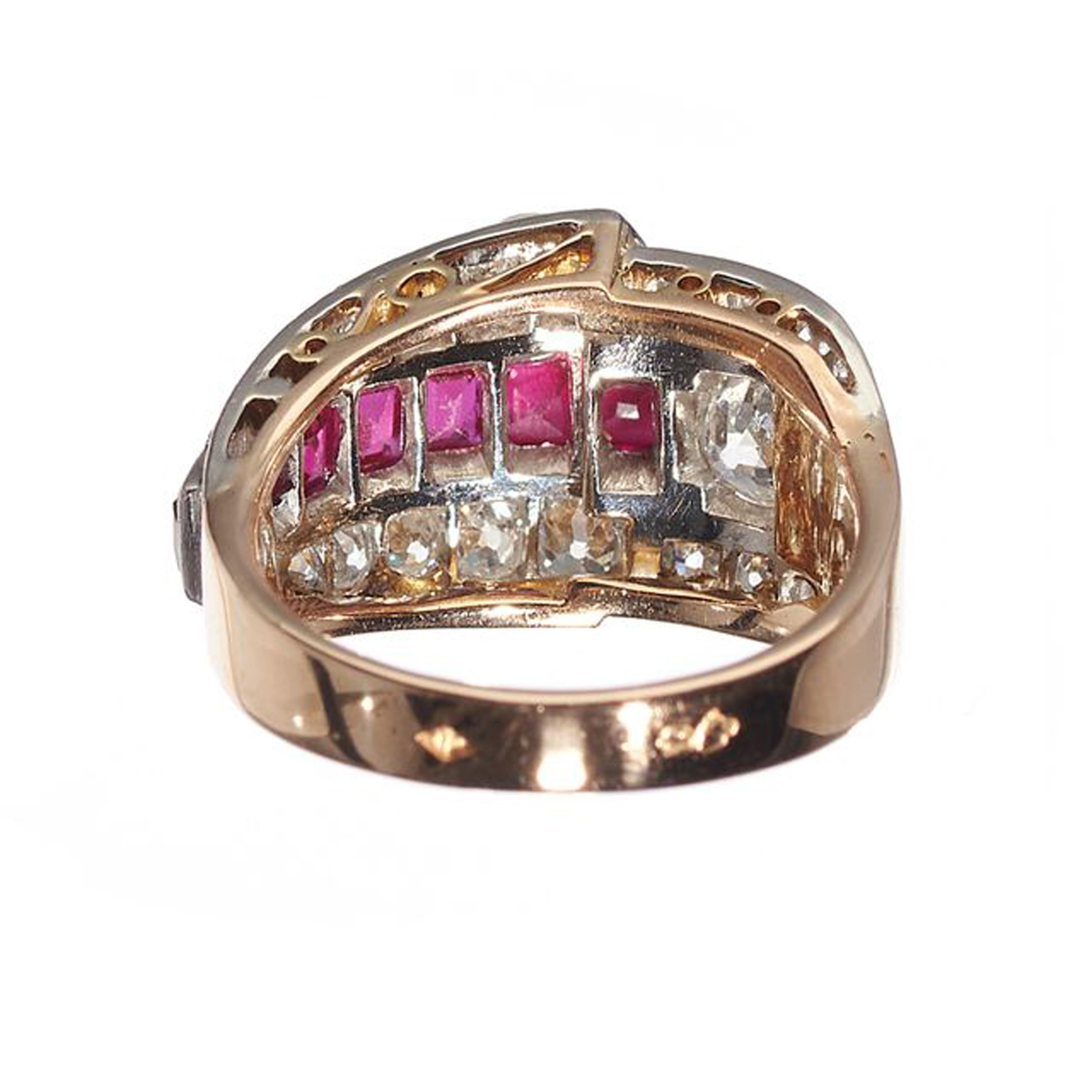 Women's A.F. Souteyrand French Art Deco Ruby Diamond Platinum and Gold Ring, Circa 1935 For Sale