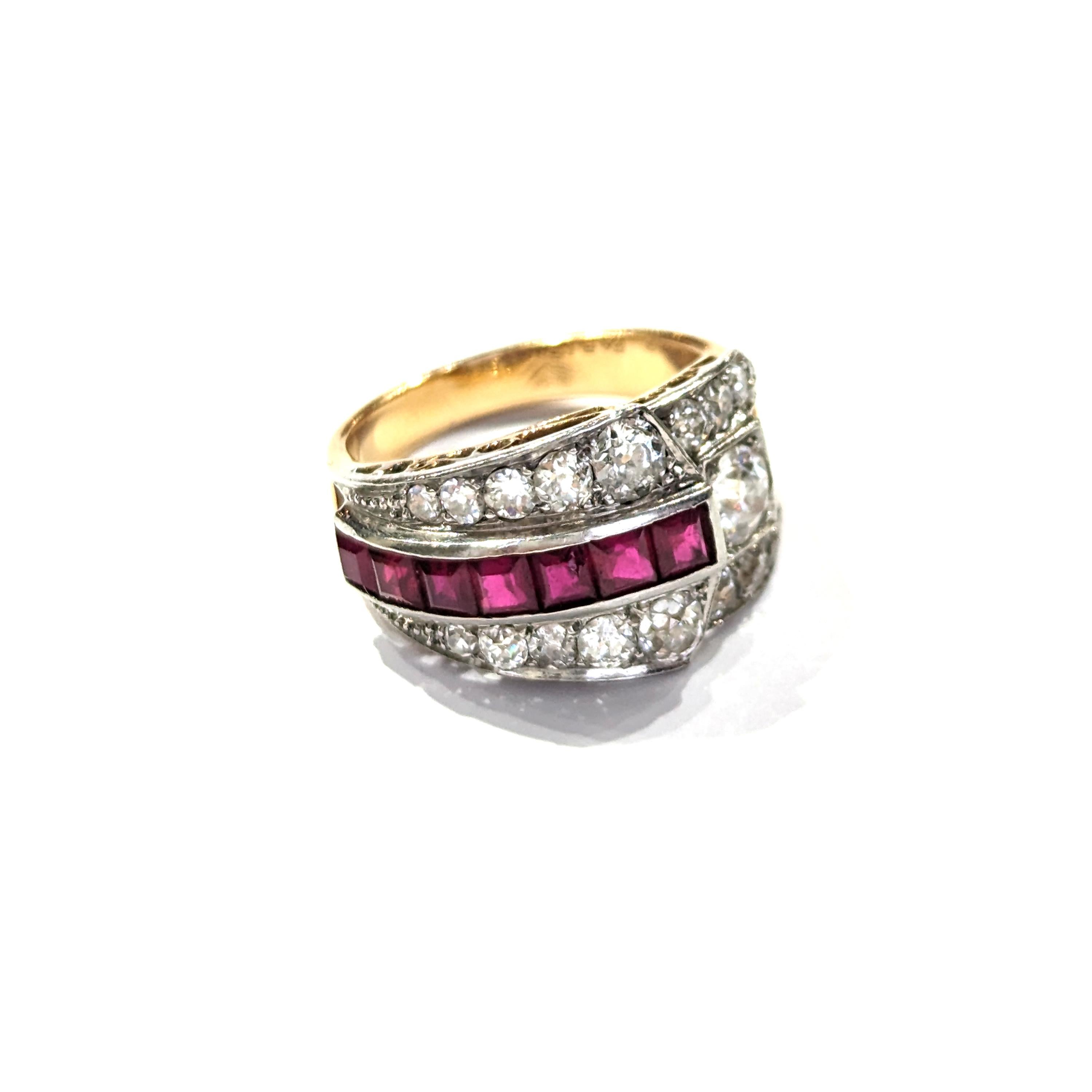 Old European Cut A.F. Souteyrand French Art Deco Ruby Diamond Platinum and Gold Ring, Circa 1935