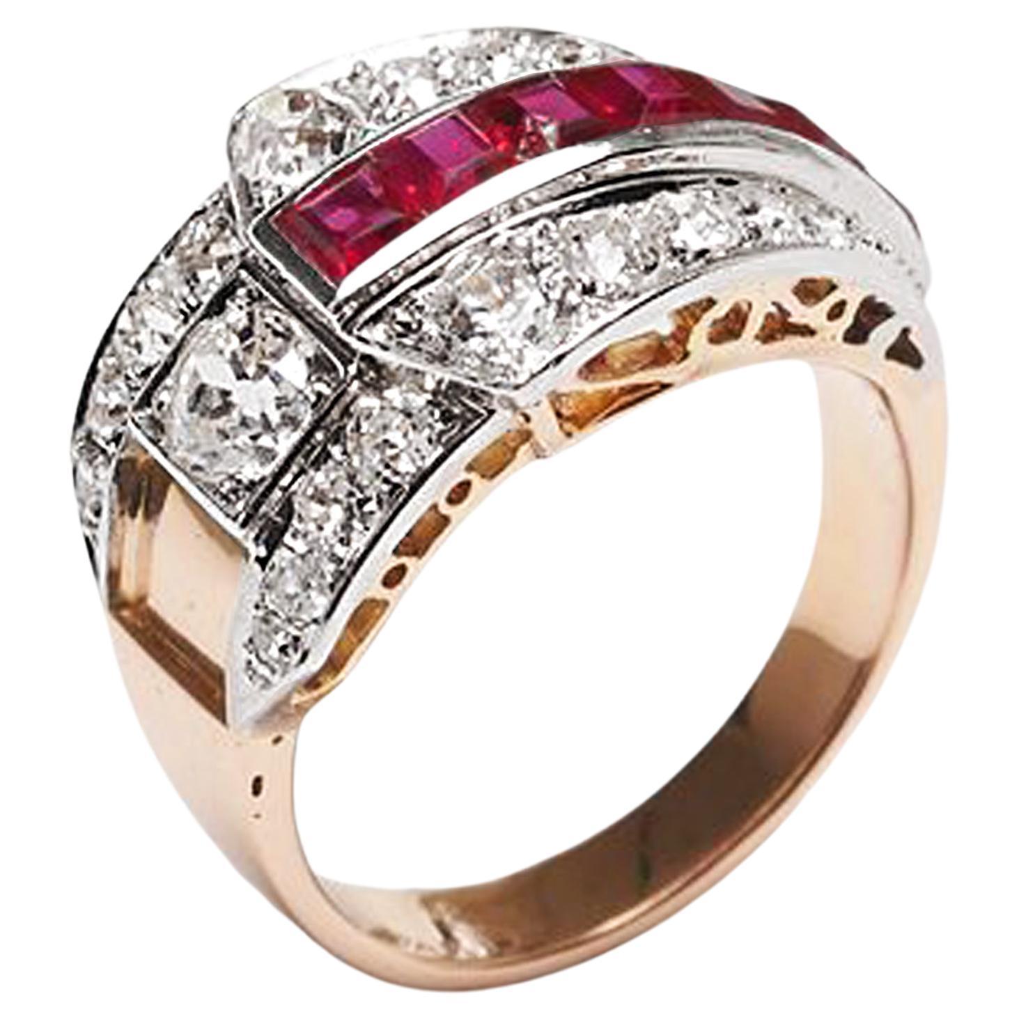 A.F. Souteyrand French Art Deco Ruby Diamond Platinum and Gold Ring, Circa 1935 For Sale