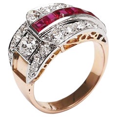 Used A.F. Souteyrand French Art Deco Ruby Diamond Platinum and Gold Ring, Circa 1935
