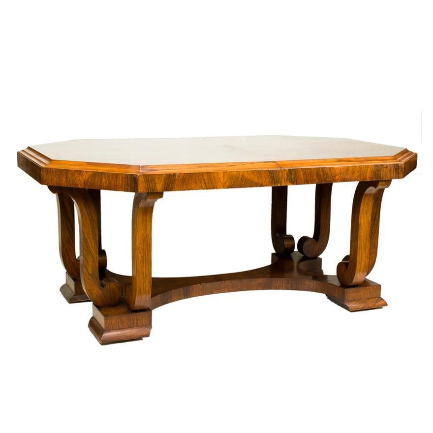 Hand-Crafted French Art Deco Moderne Rosewood Dining Table W/ Scrolled Supports Circa 1930 For Sale