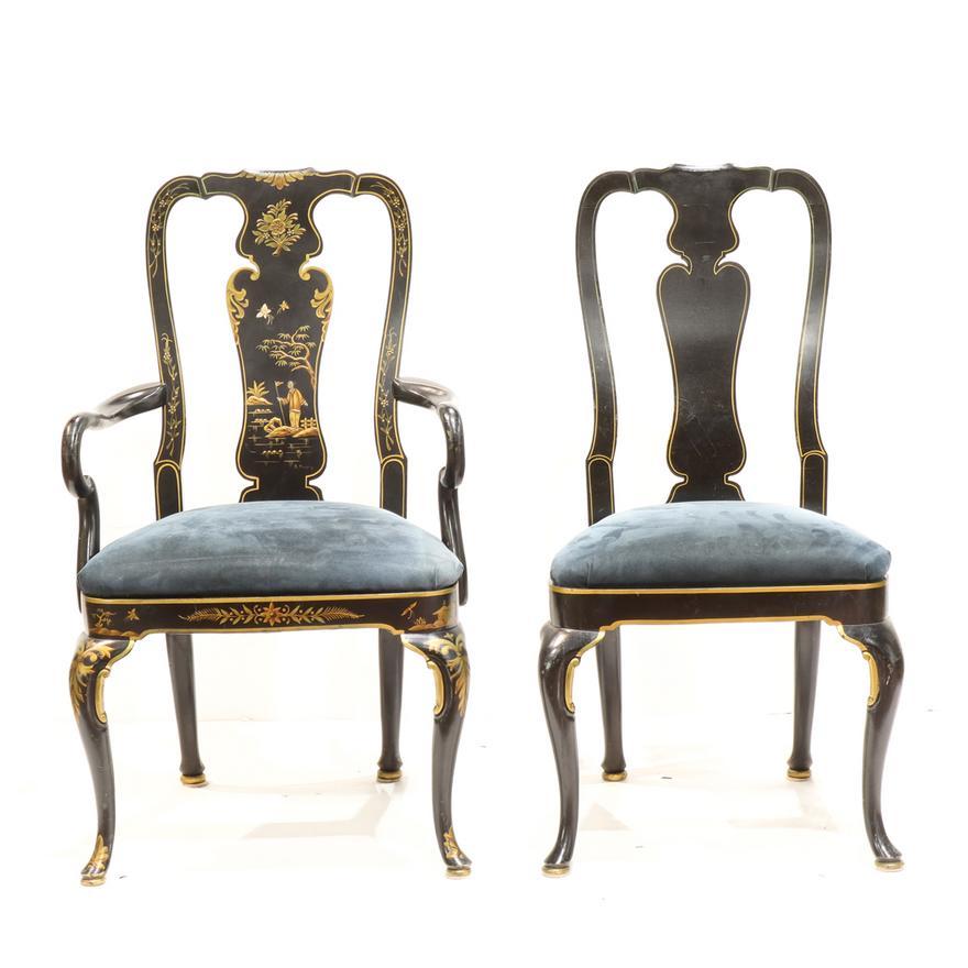 Britannique Groupe d'antiquités Harlequin de 4 chaises de style géorgien en ébène japonais datant d'environ 1920 en vente