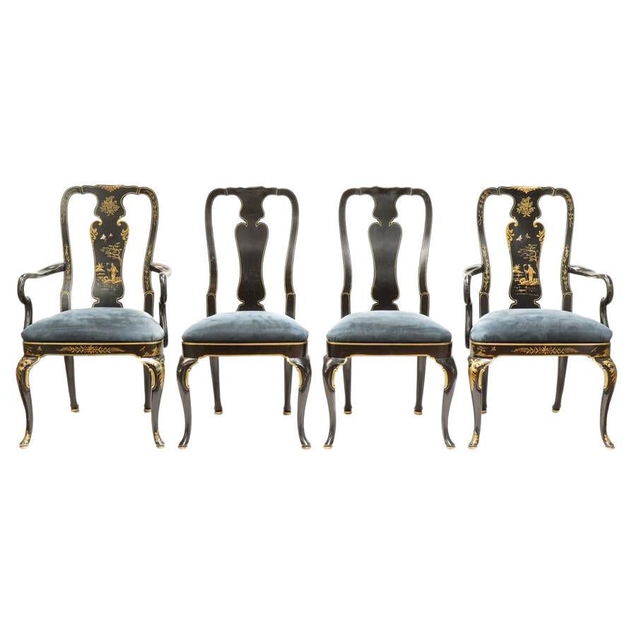 Antike Harlekin-Gruppe von 4 ebonisierten Stühlen im georgianischen Stil mit Japanglasur, um 1920 im Angebot