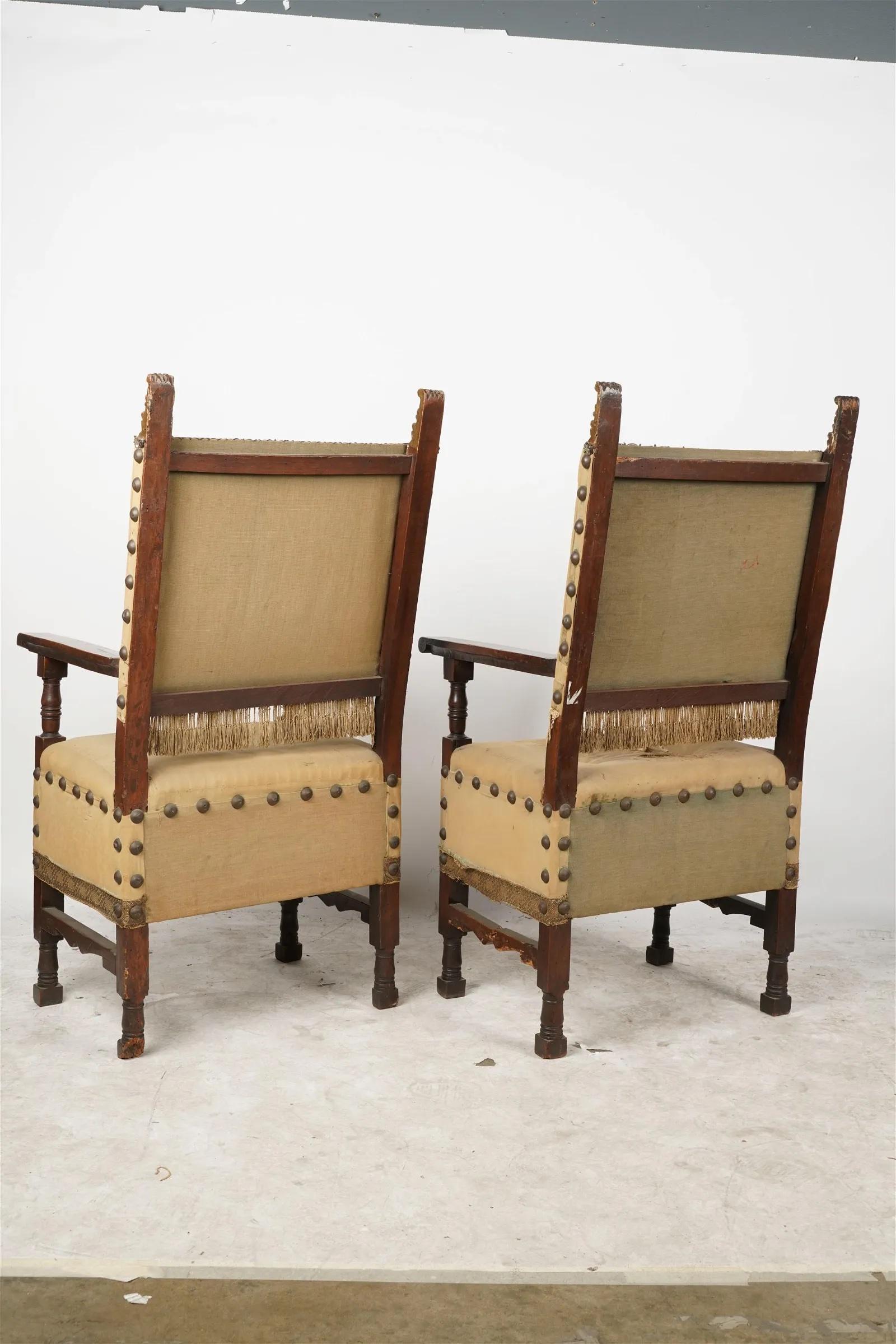 Antique Pair Spanish Baroque Colonial Revival Walnut Hall Chairs 18th Century For Sale 5