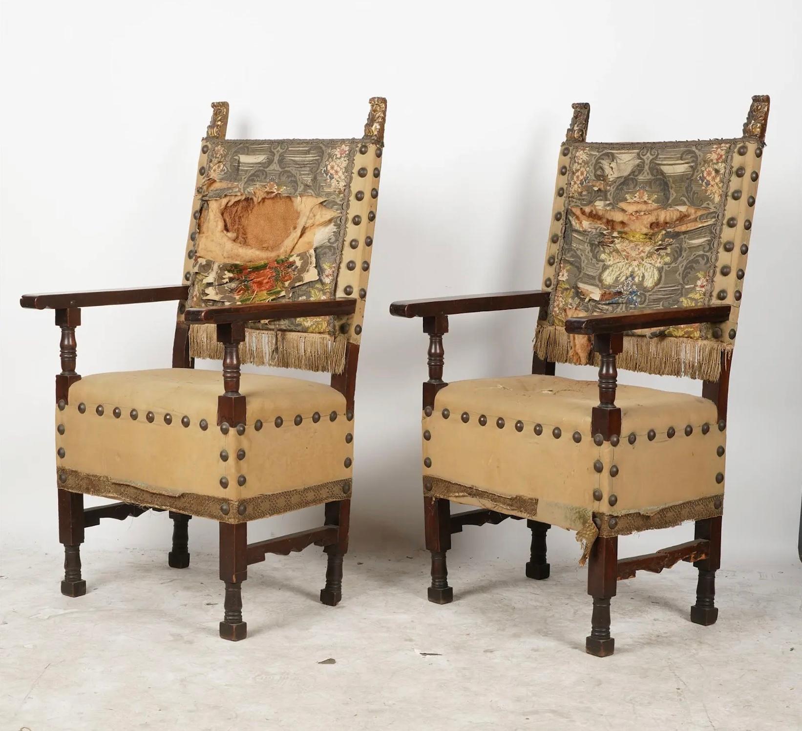 Antique Pair Spanish Baroque Colonial Revival Walnut Hall Chairs 18th Century  For Sale 6