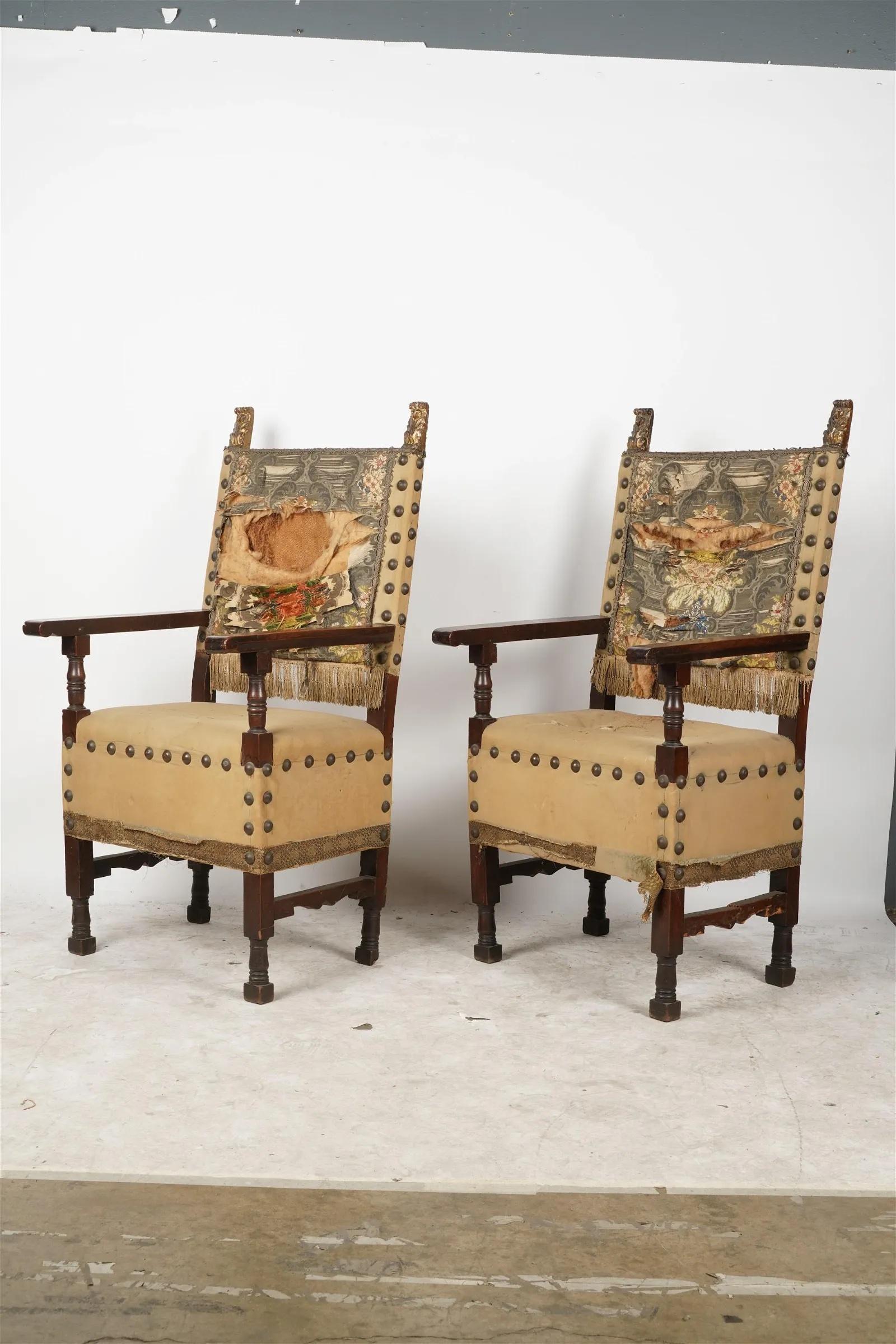 Spanish Colonial Antique Pair Spanish Baroque Colonial Revival Walnut Hall Chairs 18th Century  For Sale