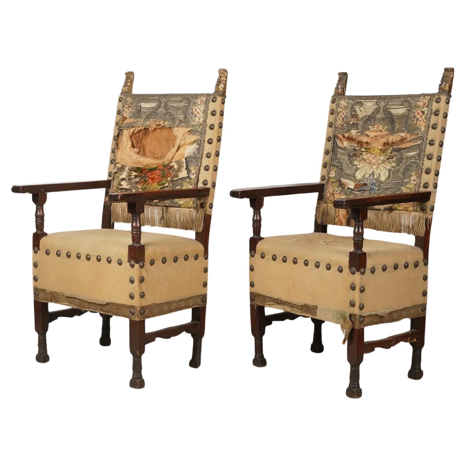 Antique Pair Spanish Baroque Colonial Revival Walnut Hall Chairs 18th Century  For Sale