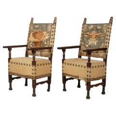 Antique Paire de chaises de salle en noyer Spanish Baroque Colonial Revival 18ème siècle 