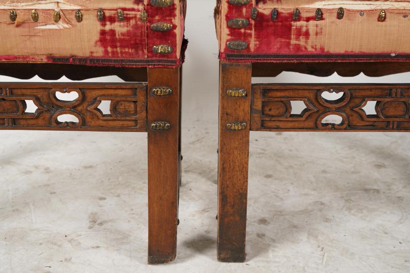 Antique Pair Spanish Baroque Carved Walnut Arm Chairs Late 18th Century For Sale 3