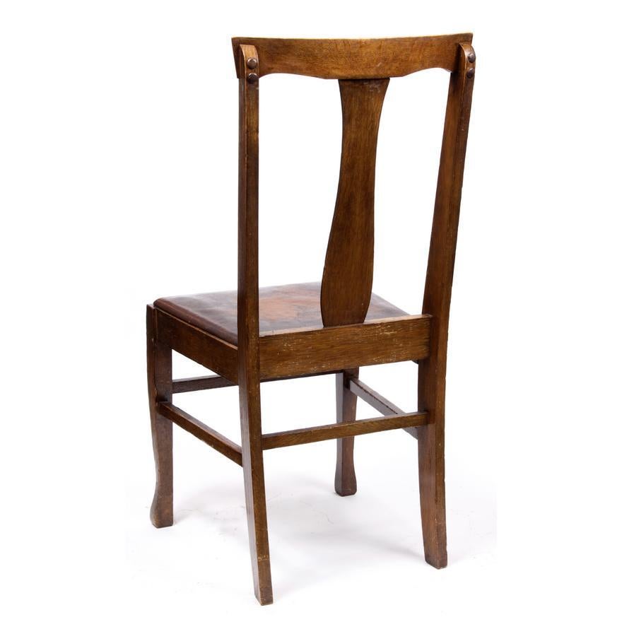 Antique American Oak T-Back Dining Chairs w/ Leather Seats Set of Six Circa 1900 In Good Condition For Sale In Los Angeles, CA