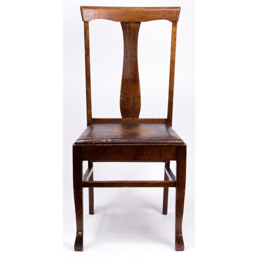 Antike amerikanische Esszimmerstühle aus Eiche mit T-Rückenlehne und Ledersitzen, Sechser-Set, um 1900 (Arts and Crafts) im Angebot