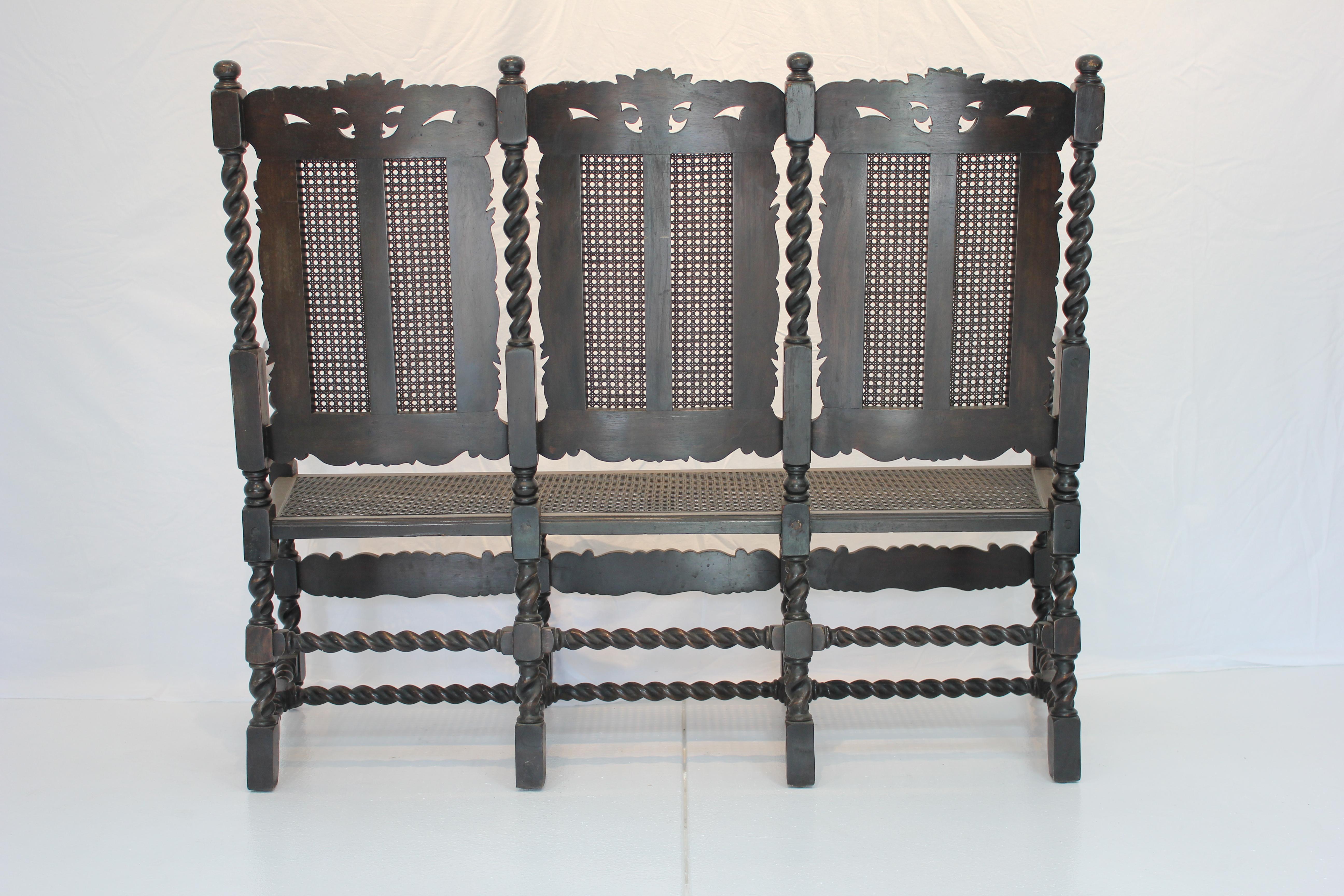 American Antique English Jacobean Style Carved Oak Caned Seat and Back Settee Circa 1890 For Sale