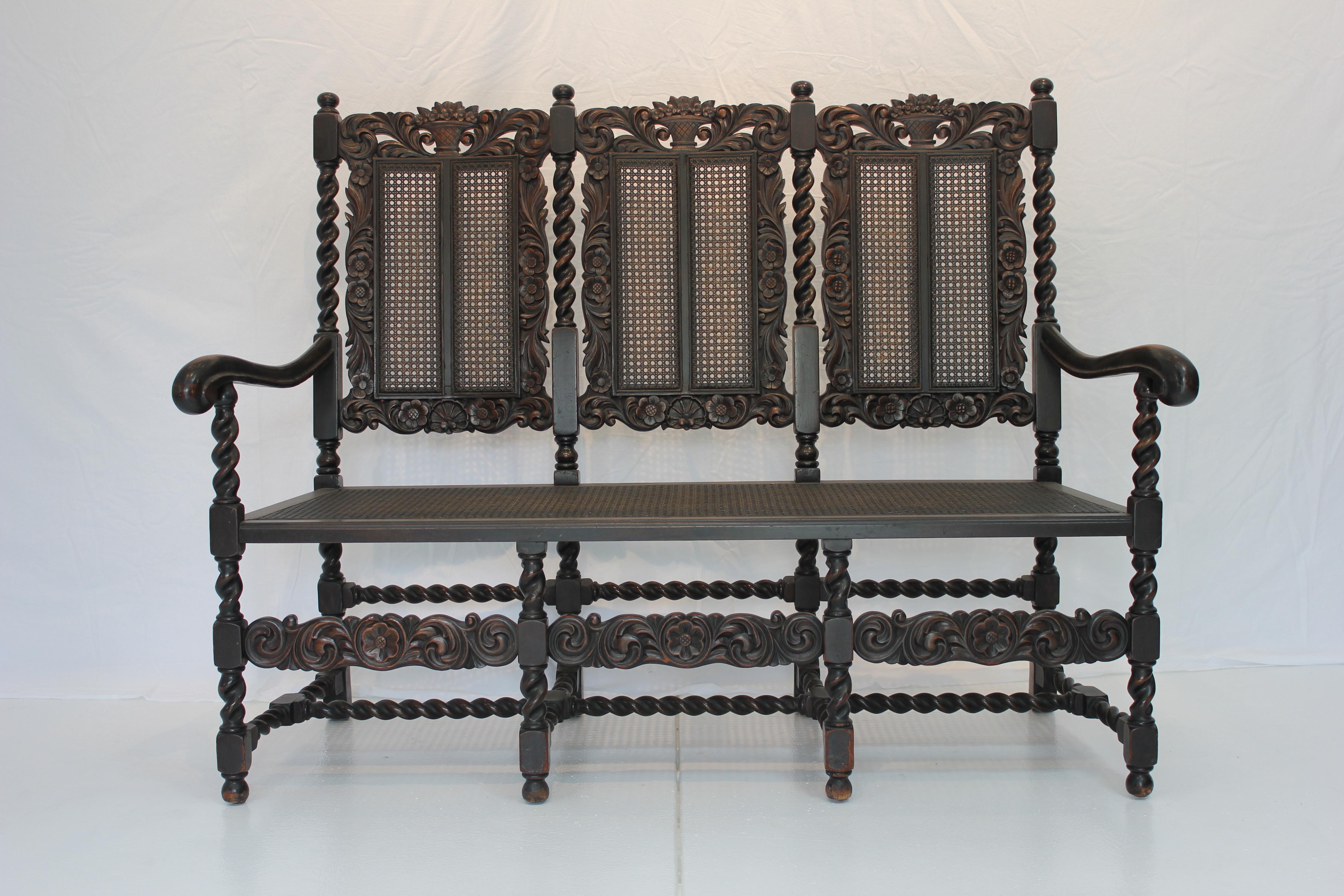 Hand-Crafted Antique English Jacobean Style Carved Oak Caned Seat and Back Settee Circa 1890 For Sale