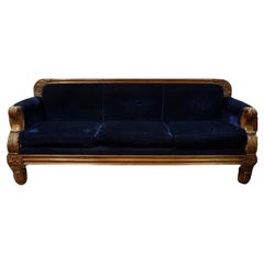 Antique American Victorian Carved Walnut Sofa Blue Mohair Late 19th Century