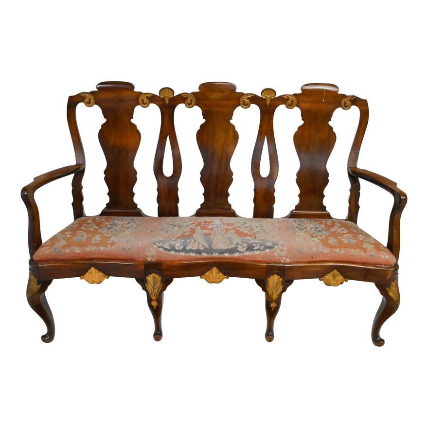 Antique English Georgian Style Mahogany Triple Back Carved Settee Circa 1920 For Sale