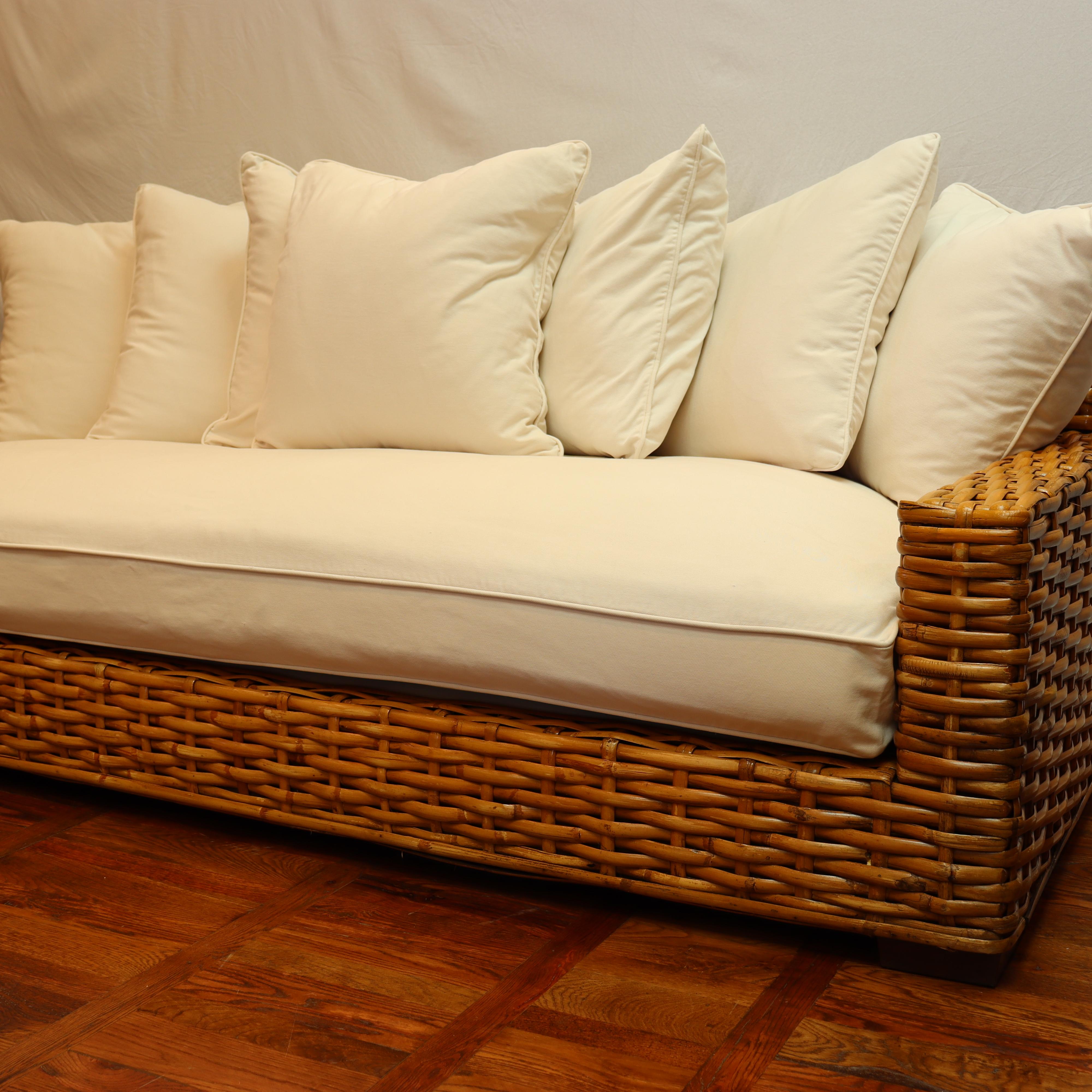 Modern Restoration Hardware Woven Rattan Sofa w/ White Upholstery  Circa 2007  For Sale