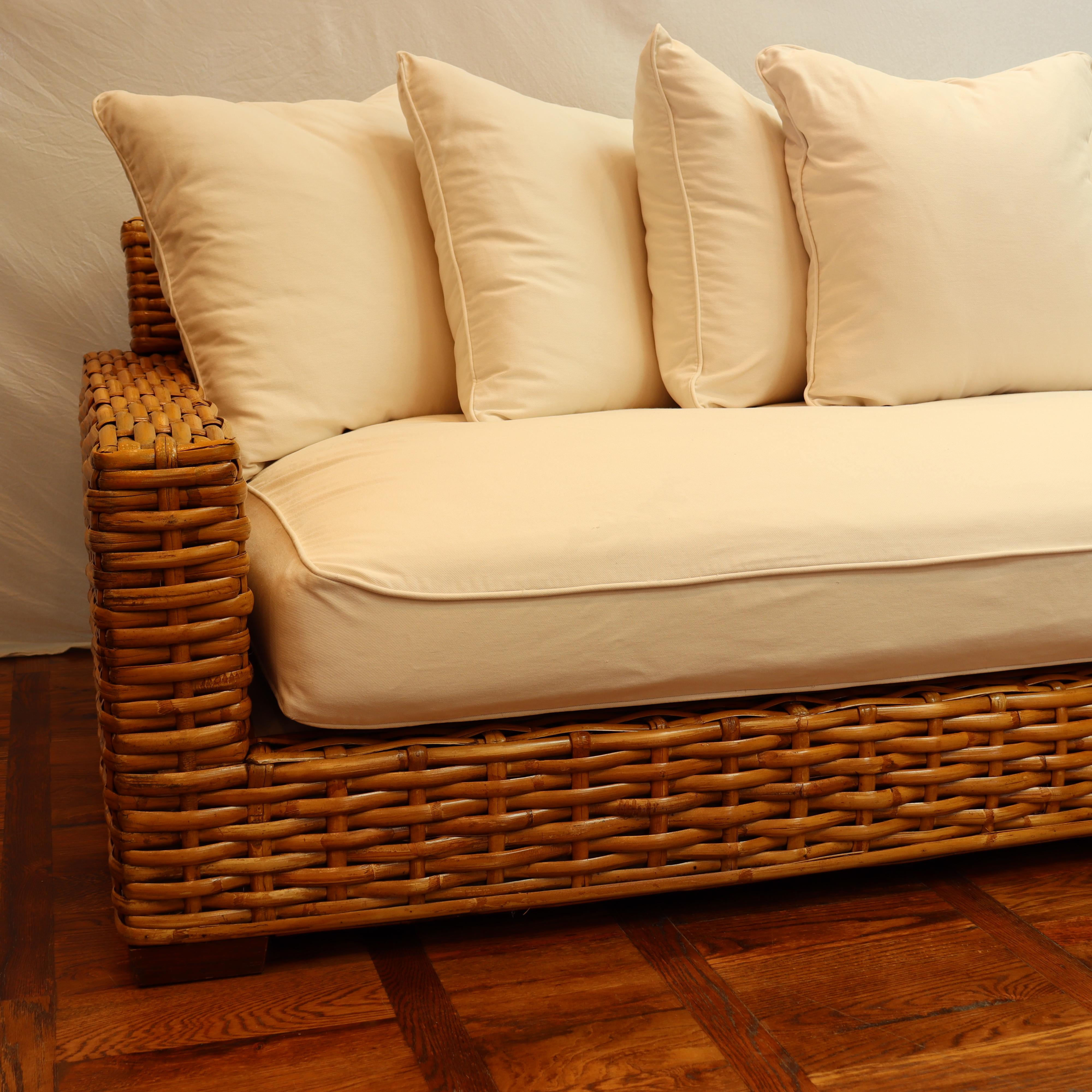 American Restoration Hardware Woven Rattan Sofa w/ White Upholstery  Circa 2007  For Sale