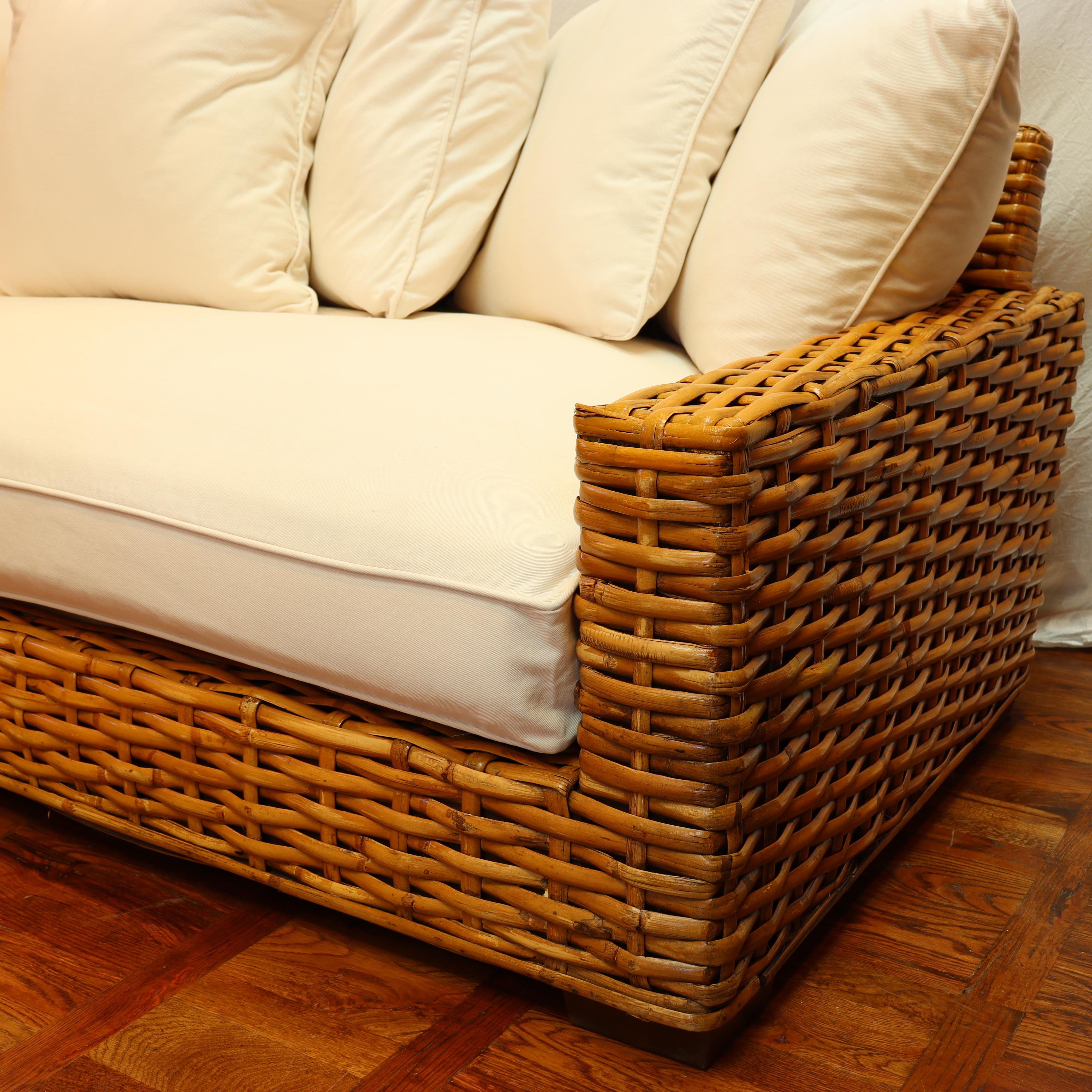 Contemporary Restoration Hardware Woven Rattan Sofa w/ White Upholstery  Circa 2007  For Sale