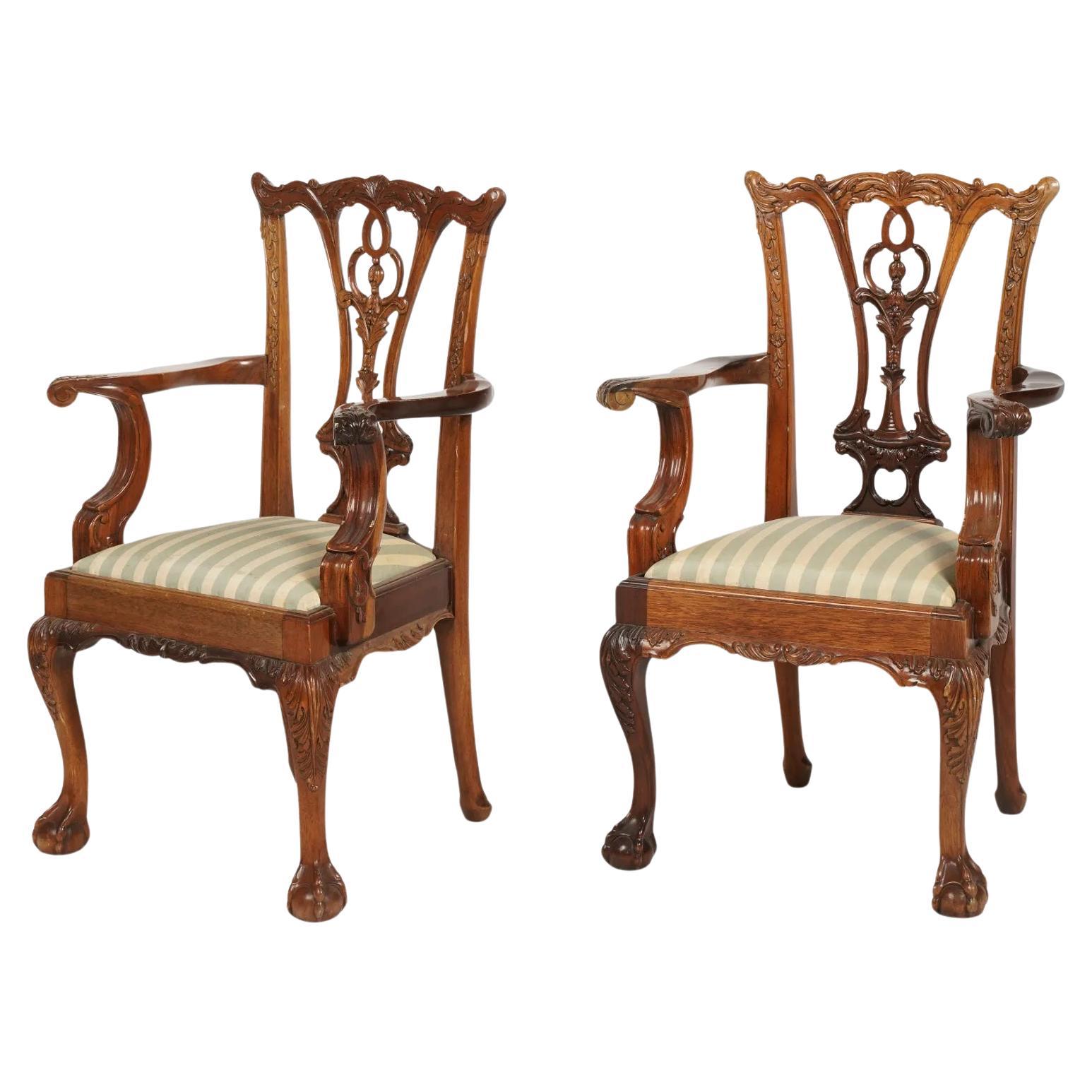 Antique Pair Carved Mahogany Chippendale Style Childrens' Chairs Circa 1920