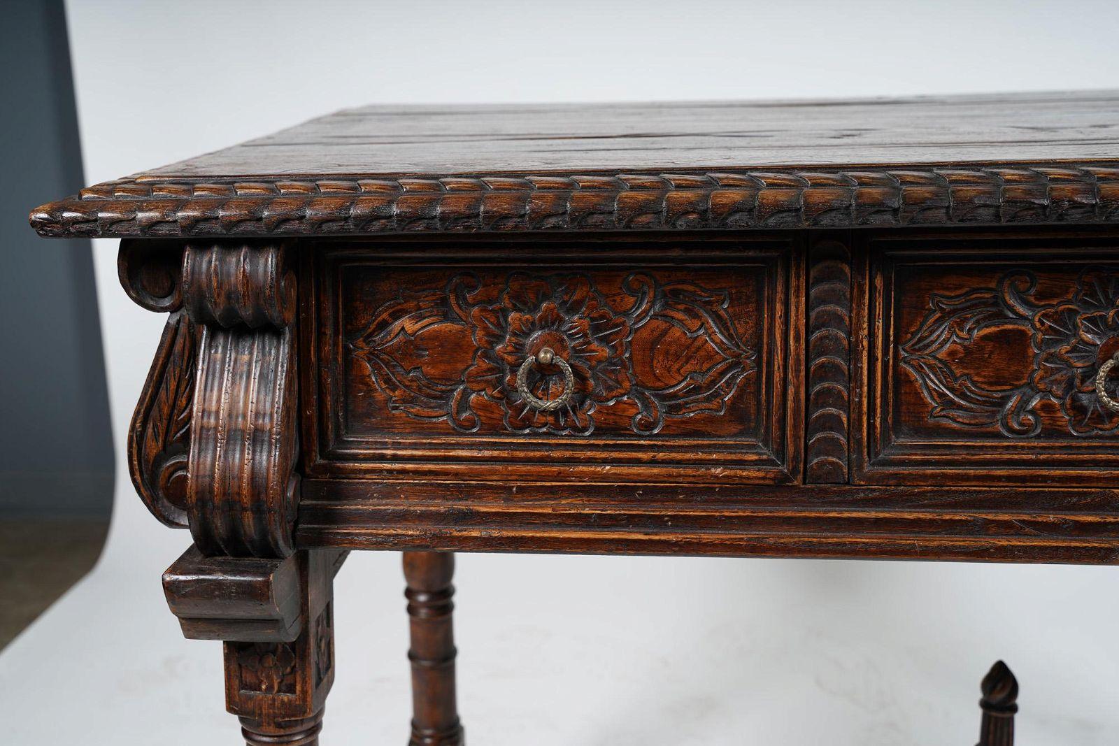 Antique Spanish Baroque Colonial Revival Carved Oak Console Table Circa 1890 For Sale 5