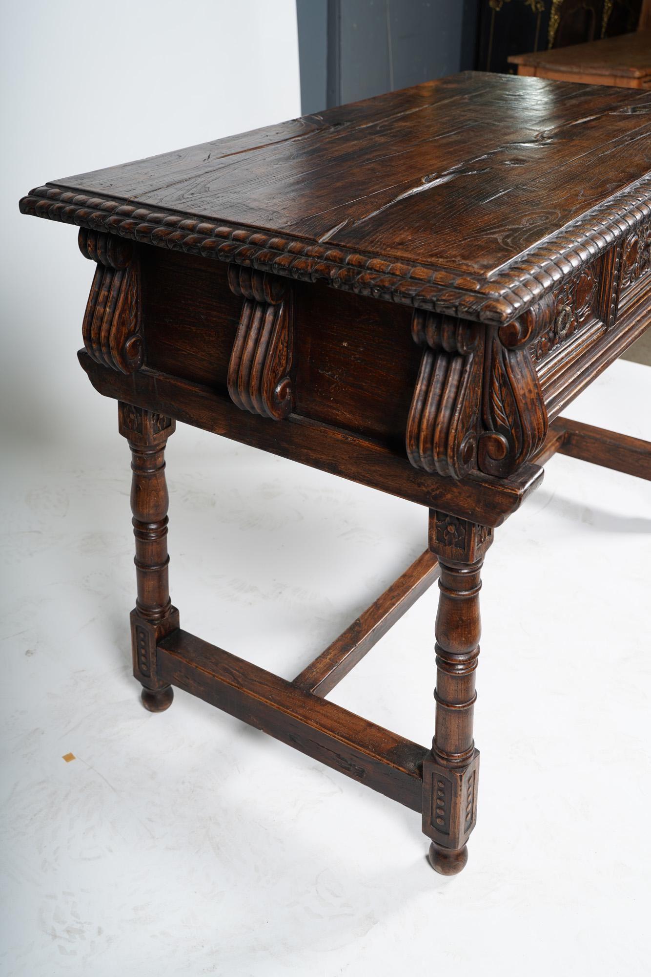 Antique Spanish Baroque Colonial Revival Carved Oak Console Table Circa 1890 For Sale 6