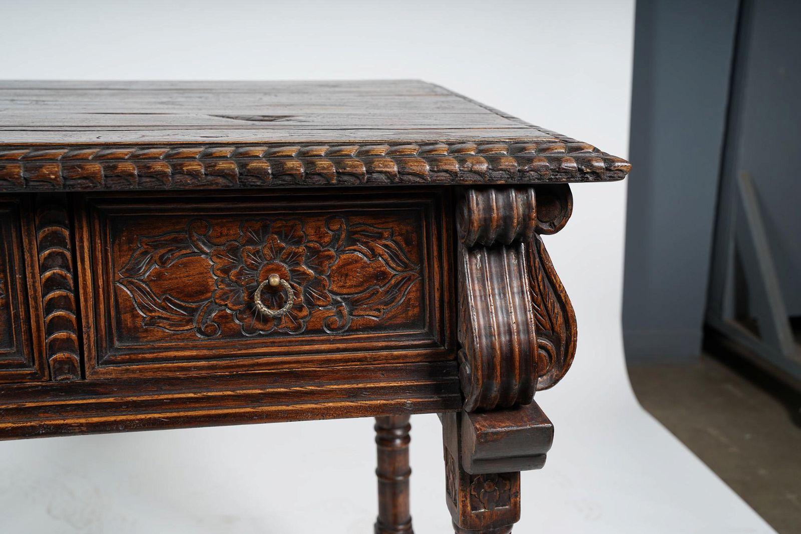 Antique Spanish Baroque Colonial Revival Carved Oak Console Table Circa 1890 For Sale 3