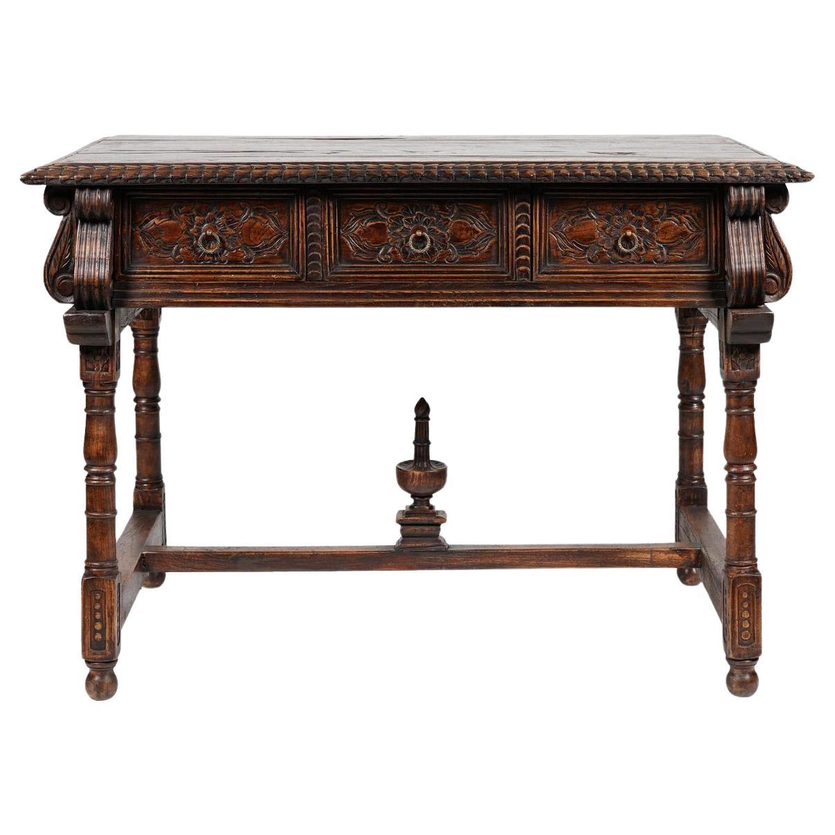 Antique Spanish Baroque Colonial Revival Carved Oak Console Table Circa 1890 For Sale