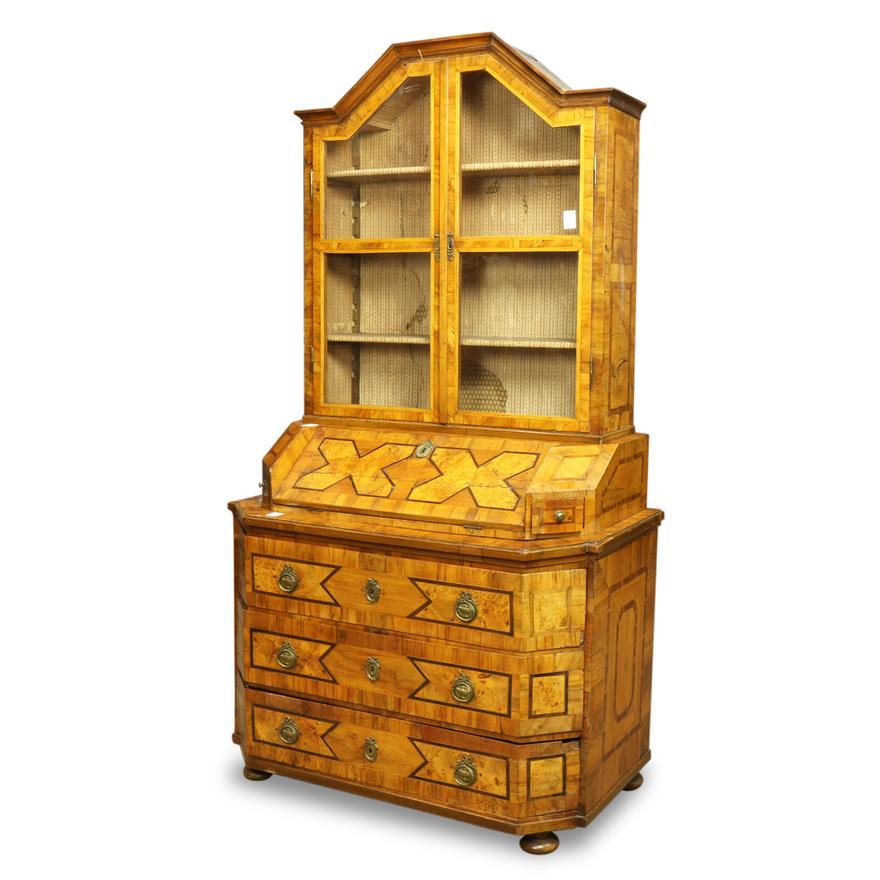 Late 18th Century Austrian Baroque marquetry & inlaid secretary - Vienna, Austria, having 3 sections - the top with a molded crest, above two glazed doors opening to three adjustable shelvesr, above the desk compartment having a hinged slant front