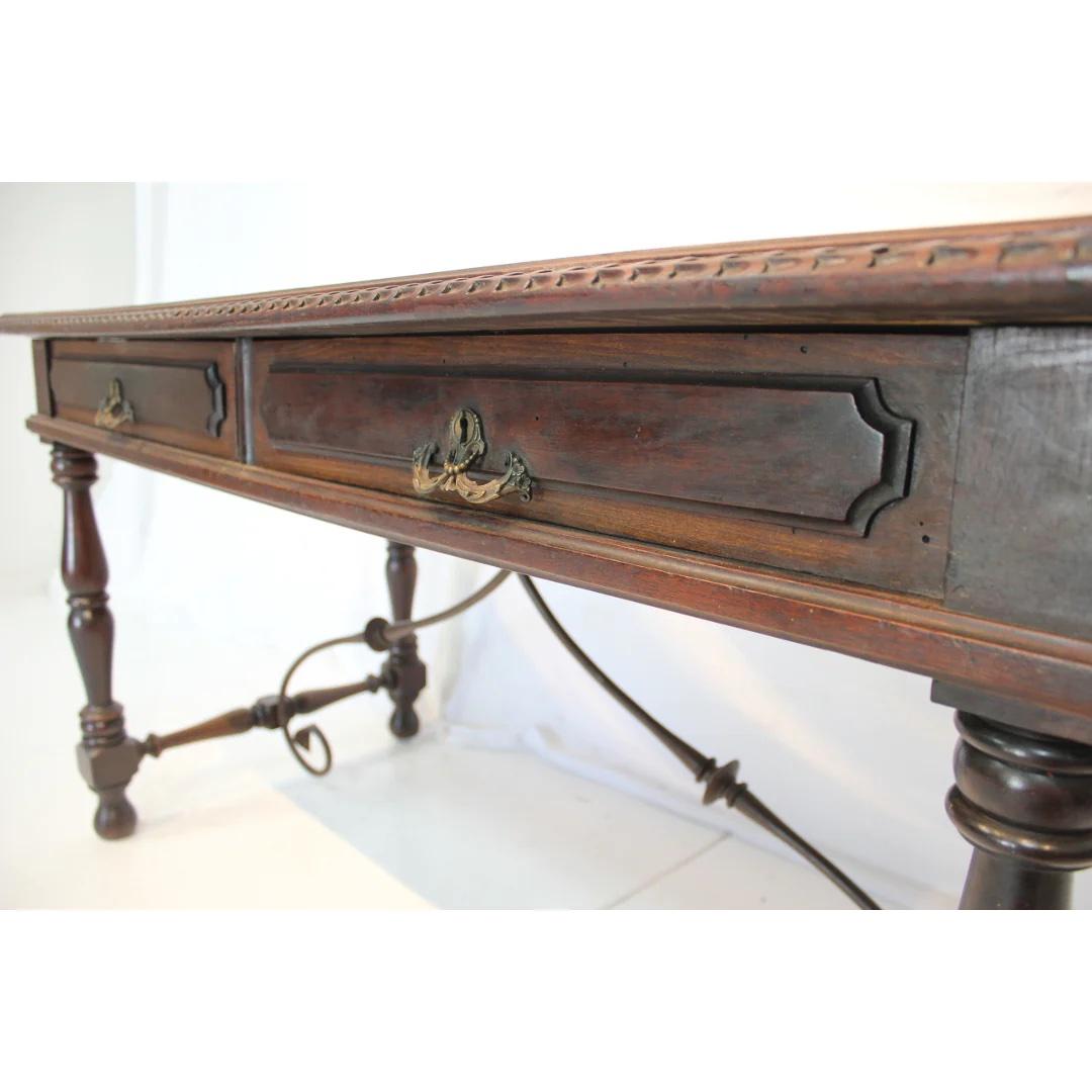 South American Antique Spanish Colonial Revival Desk with Iron Stretcher Bars Circa 1900 For Sale