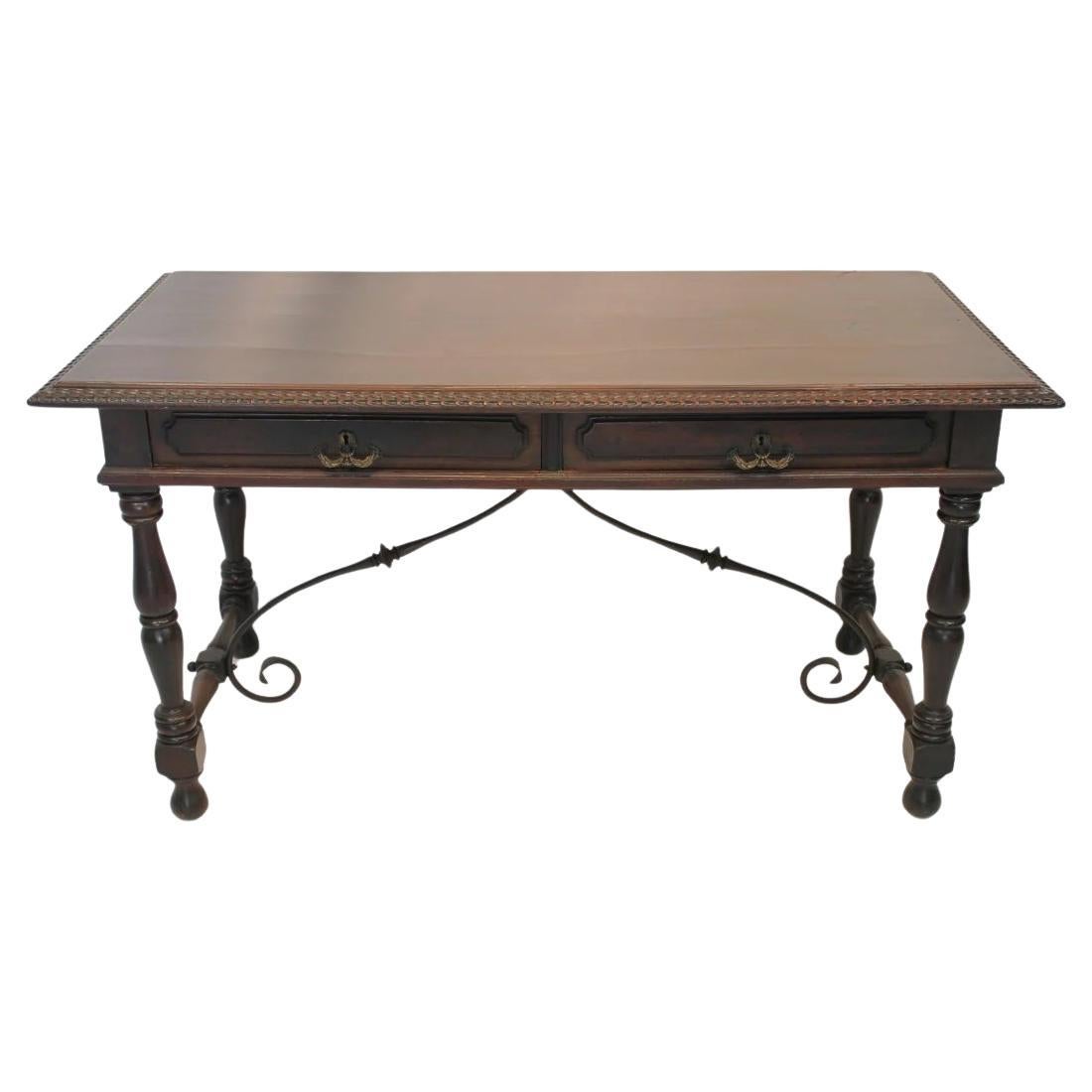 Antique Spanish Colonial Revival Desk with Iron Stretcher Bars Circa 1900 For Sale