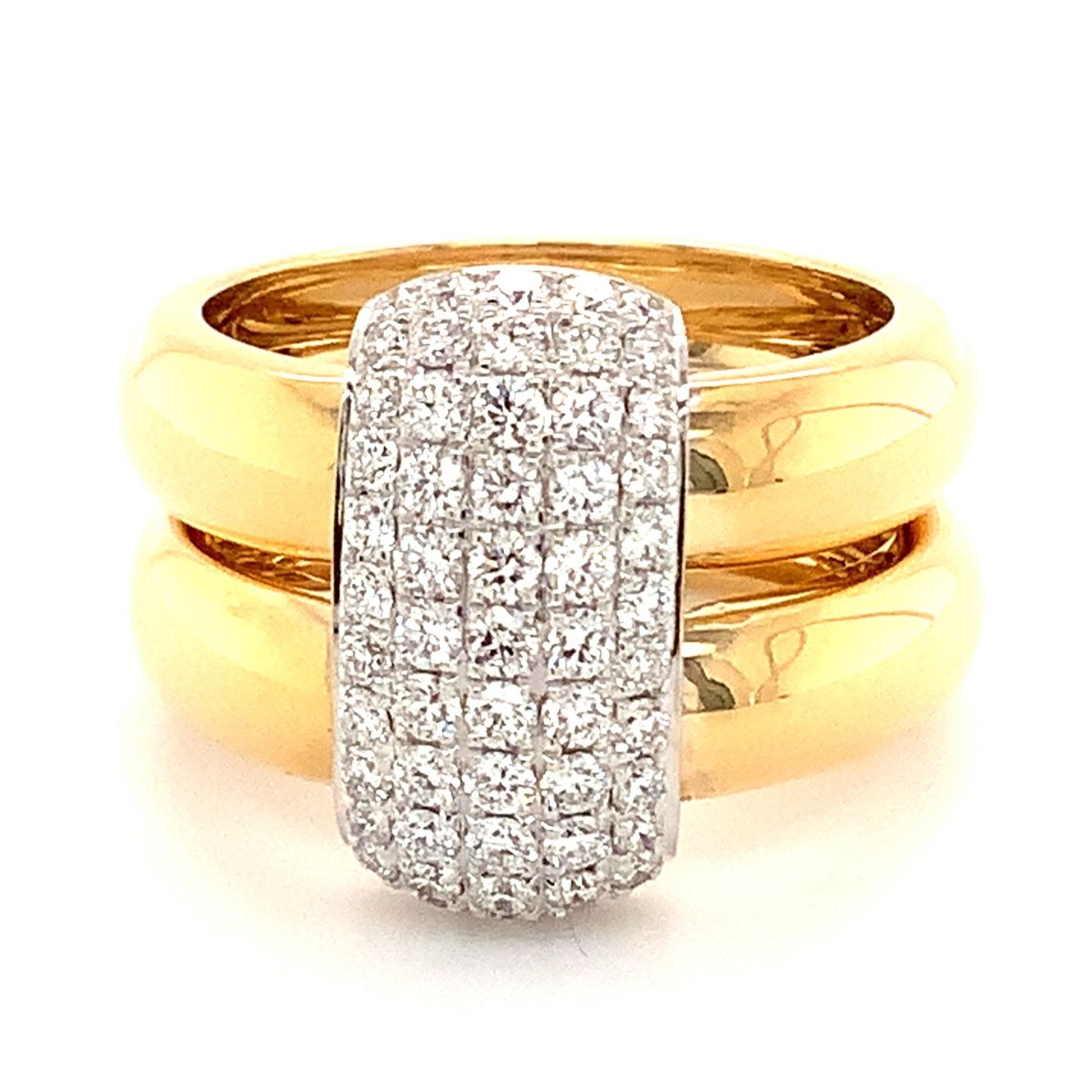 Afarin Collection 18K Highly Polished Two Tone 5 Row Pavé Diamond Double Band Ring
This Ring contains 60 Round Brilliant Cut Diamonds Equal to 0.85  cts T.W.
All the Diamonds are F in Color VS in Clarity  Excellent Make and Polish.
Diamond Section