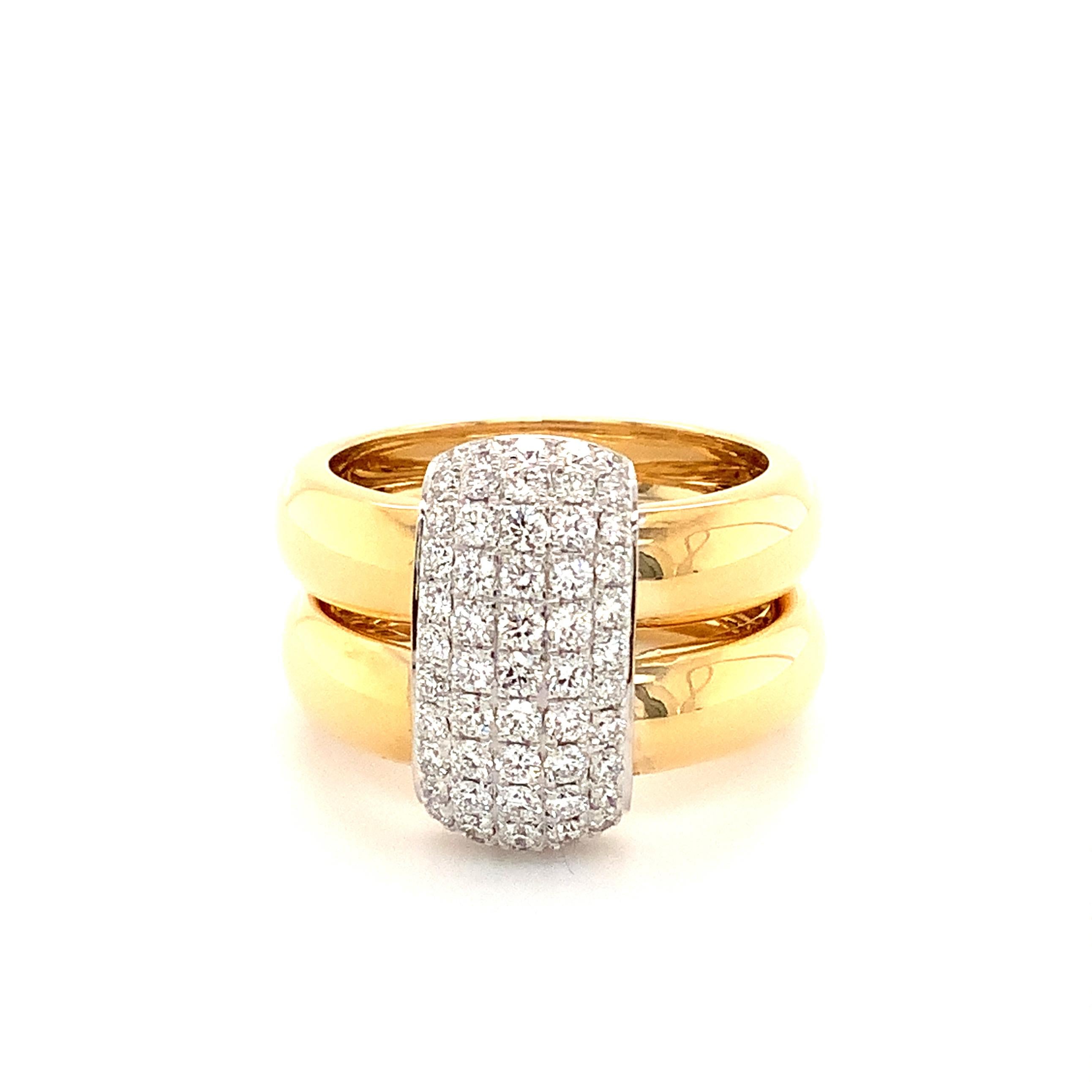 Modern Afarin Collection 18k Highly Polished Two Tone 5 Row Pavé Diamond Double Ring For Sale