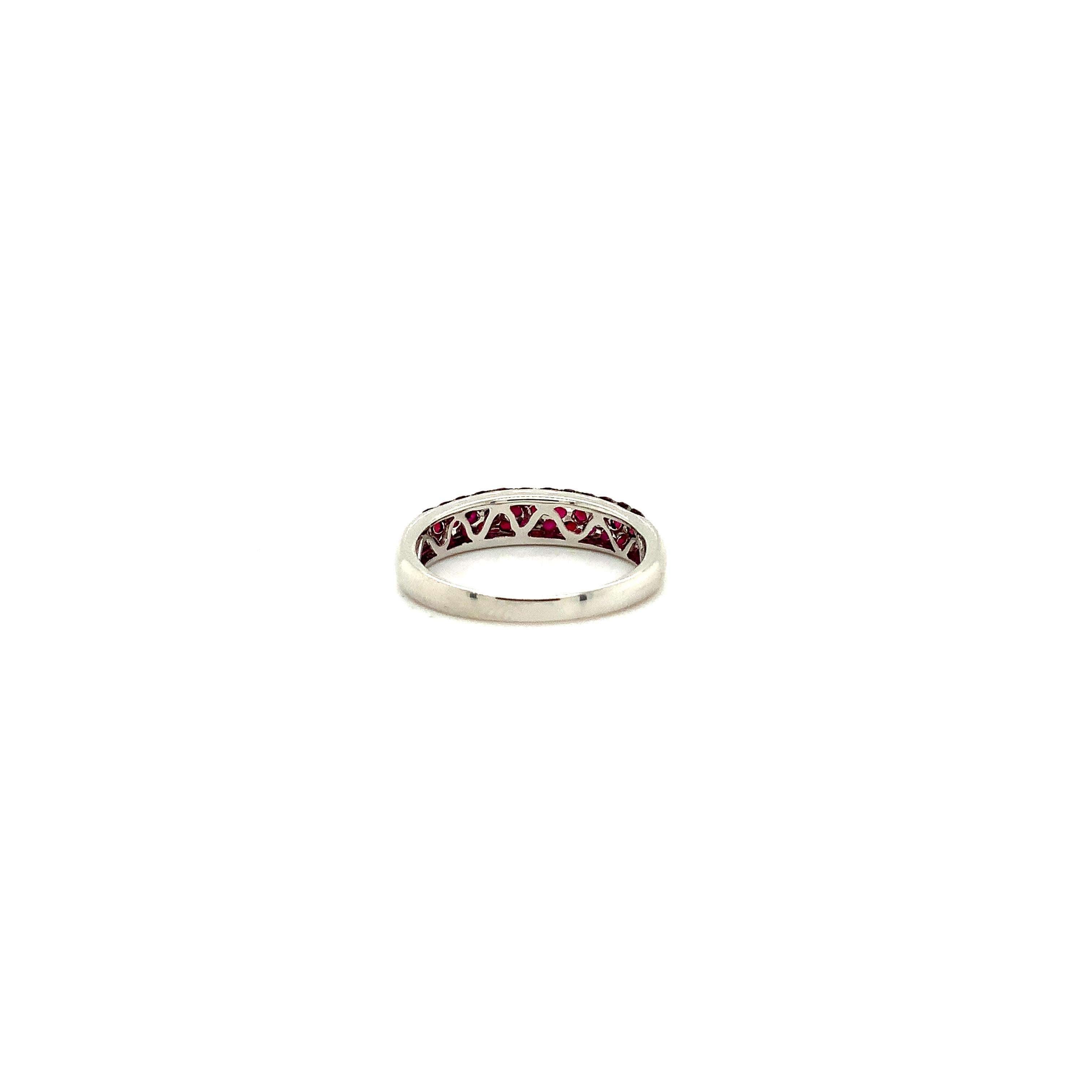 Round Cut Afarin Collection 3 Row Domed Graduating Pavé Ruby band Set in 18K White Gold. For Sale