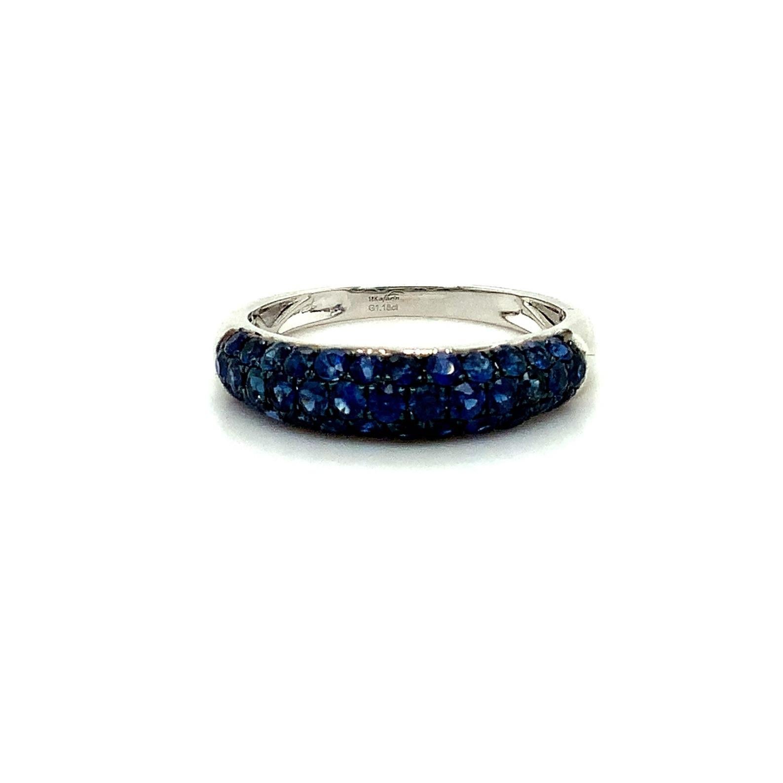 Afarin Collection 3 Rows of Pavé Blue Sapphire band set in 18K White Gold finished with Black Rhodium.  These vibrant brilliant cut Sapphires are on fire.
37 Round Brilliant Cut Natural Blue Sapphire  =1.18 cts 
The Diameter is 4.48 x