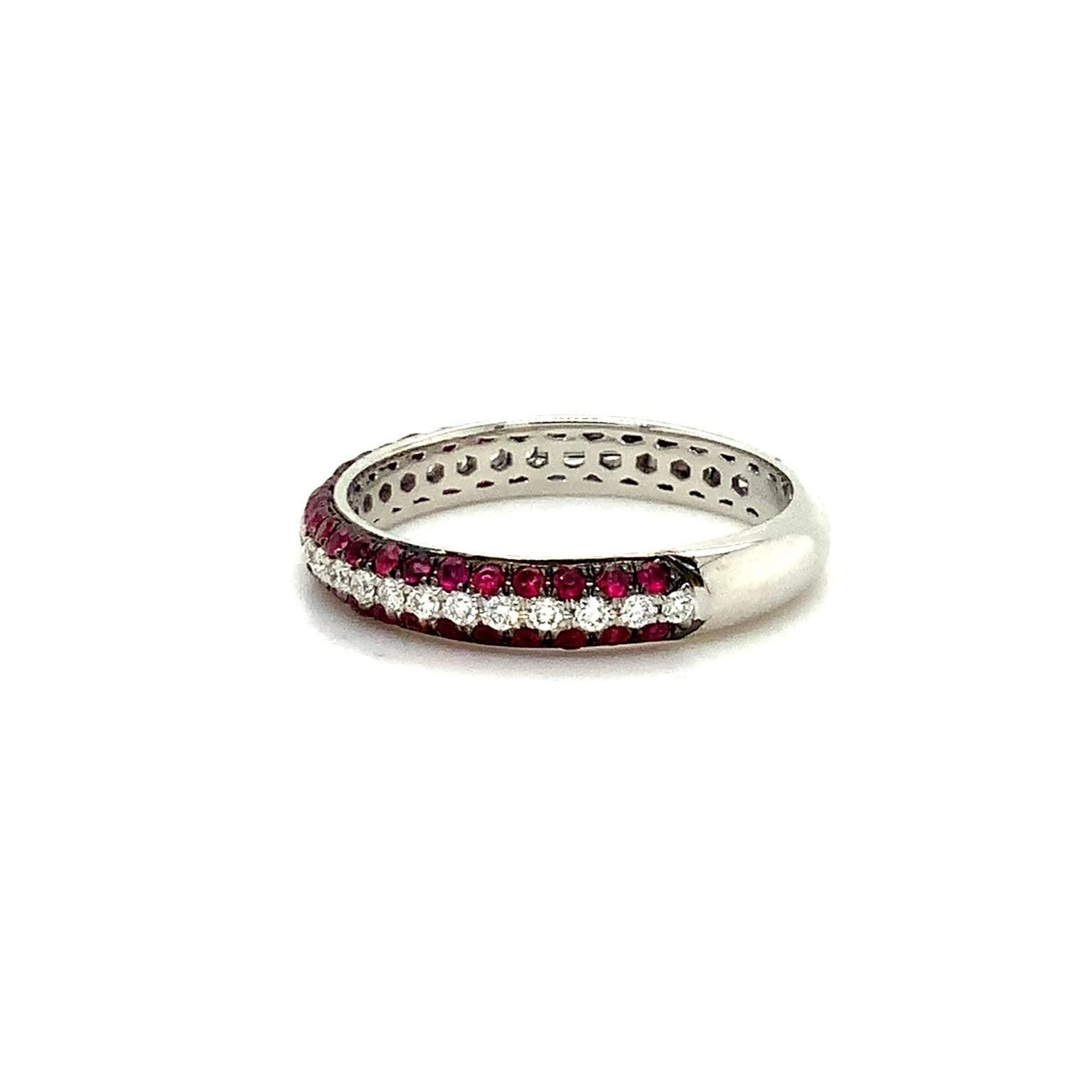 Art Deco Afarin Collection 3 Rows Pavé Ruby and Diamond Band Set in 18k White Gold For Sale