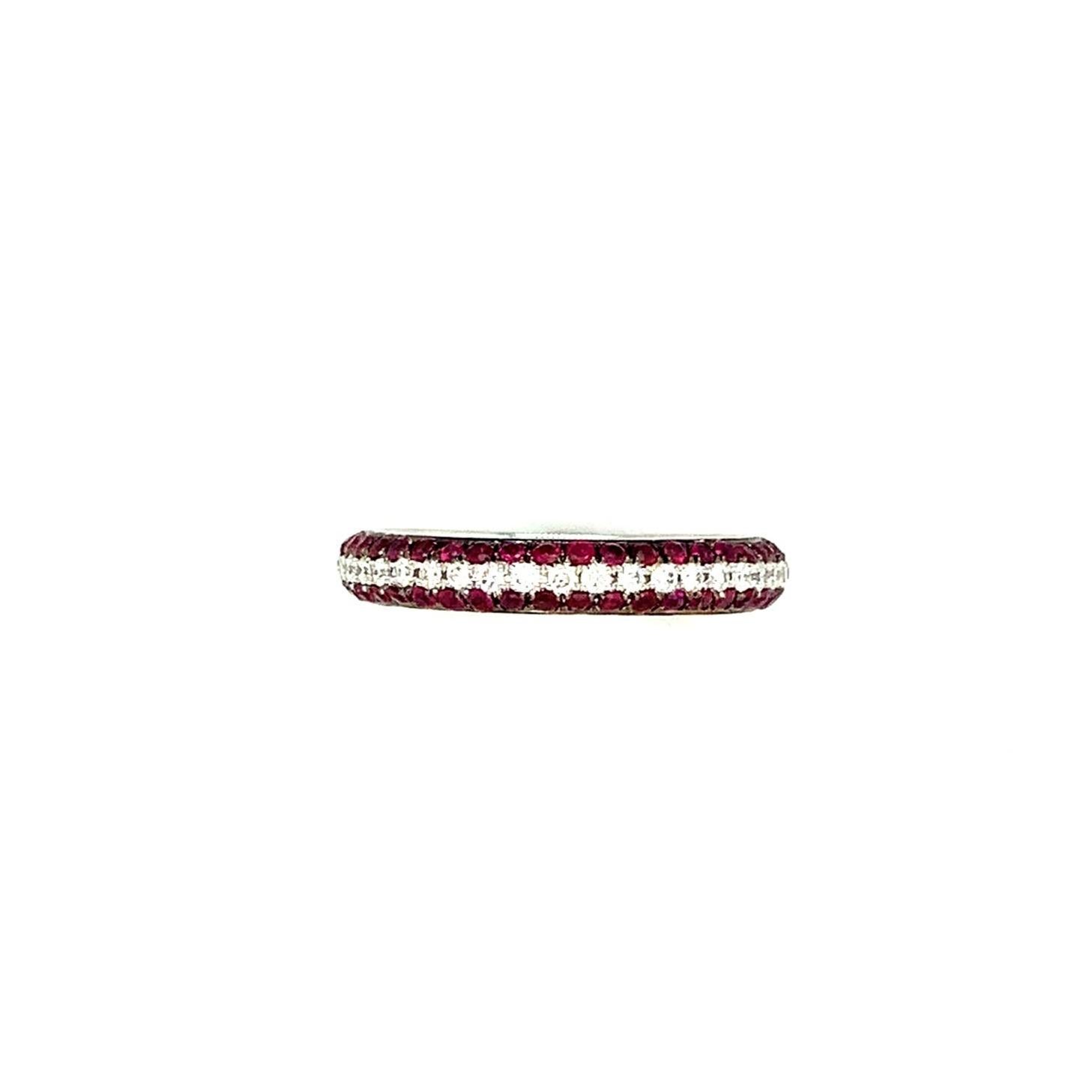Brilliant Cut Afarin Collection 3 Rows Pavé Ruby and Diamond Band Set in 18k White Gold For Sale