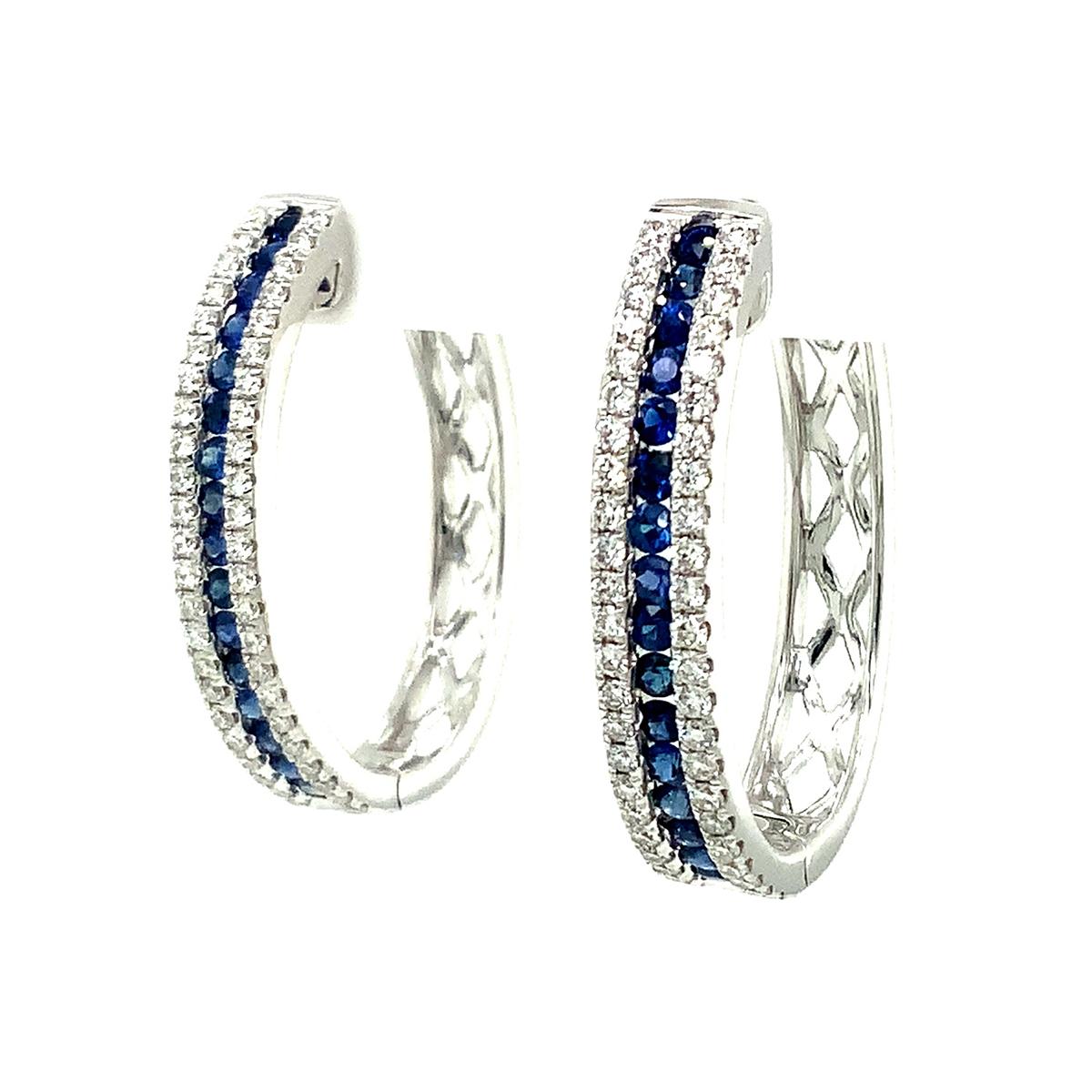 Modern Afarin Collection Blue Sapphire and Diamond Oval Shaped Hoop Earrings Set in 18k For Sale