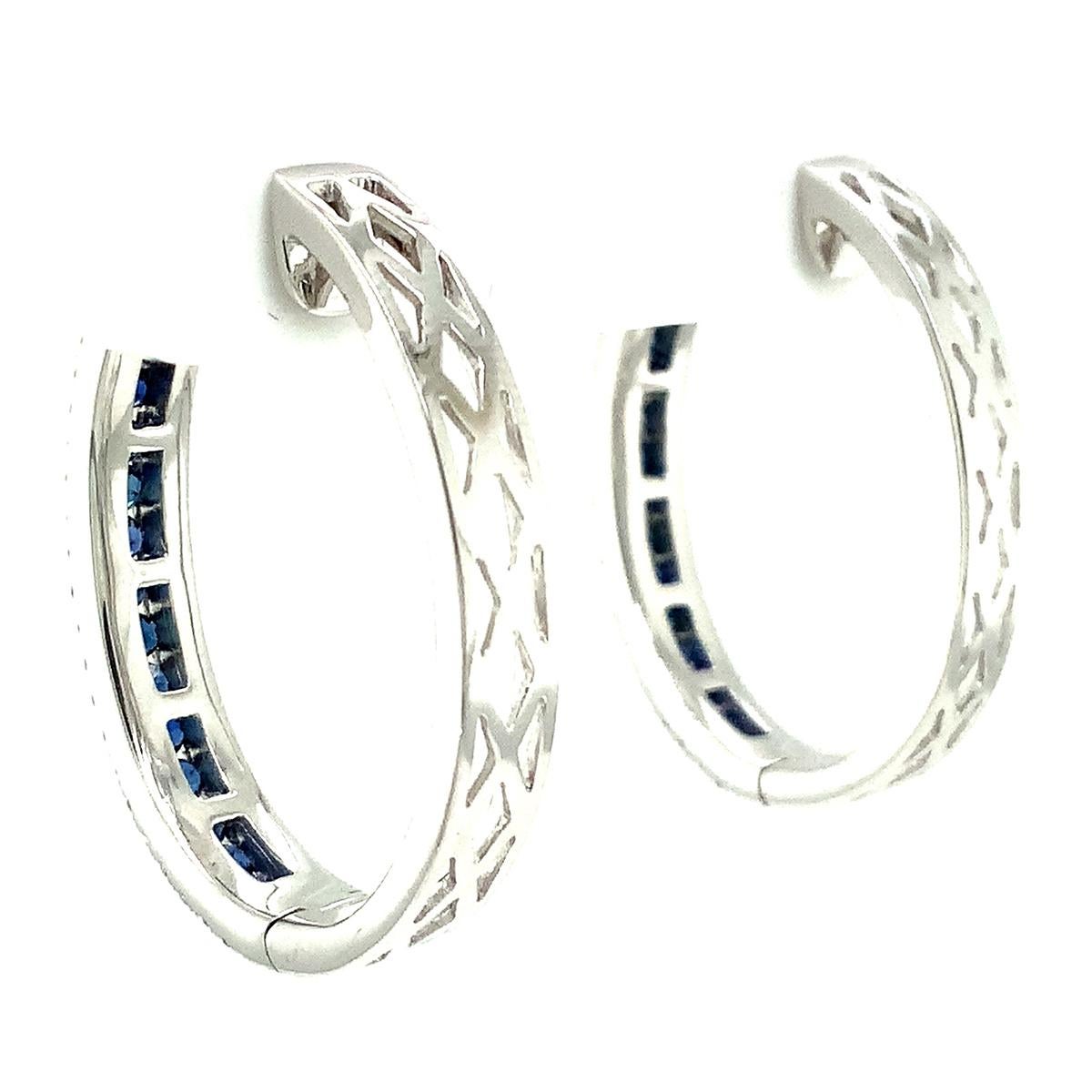 Brilliant Cut Afarin Collection Blue Sapphire and Diamond Oval Shaped Hoop Earrings Set in 18k For Sale